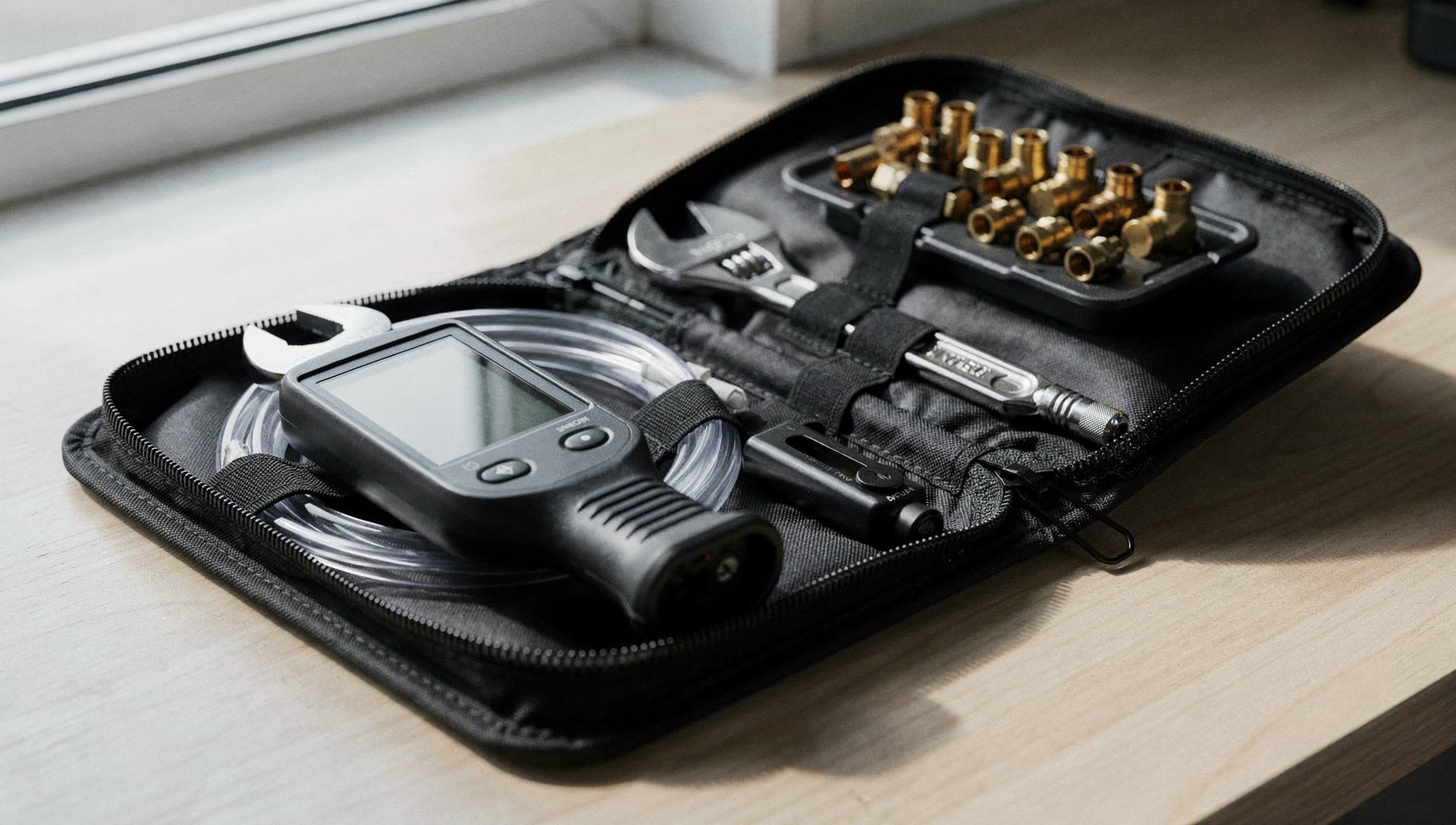 A zippered test kit open on a bench, holding a digital manometer, gauge tubing, wrenches and brass fittings.