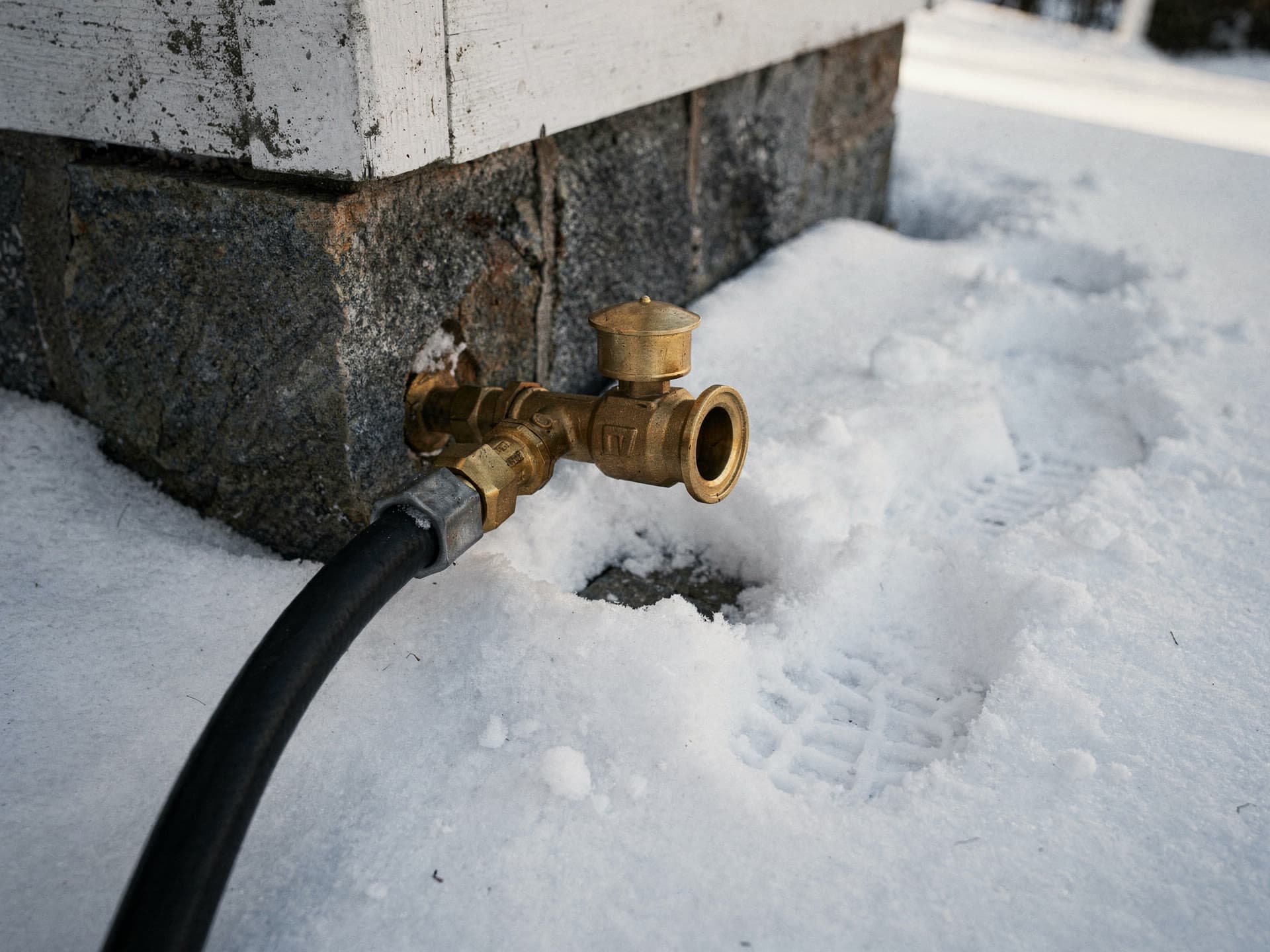 A brass oil fill and vent fitting at a snow covered foundation with a delivery hose coupled to it.