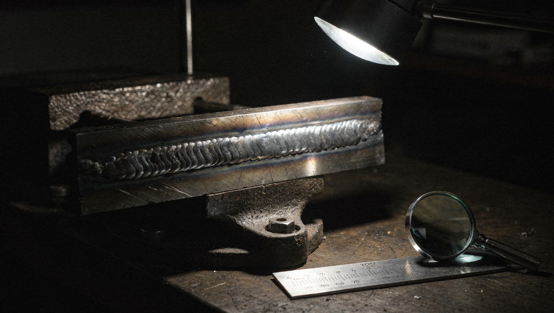 A finished weld bead on a steel bar clamped in a bench vice under an inspection lamp, a steel rule and magnifier alongside.