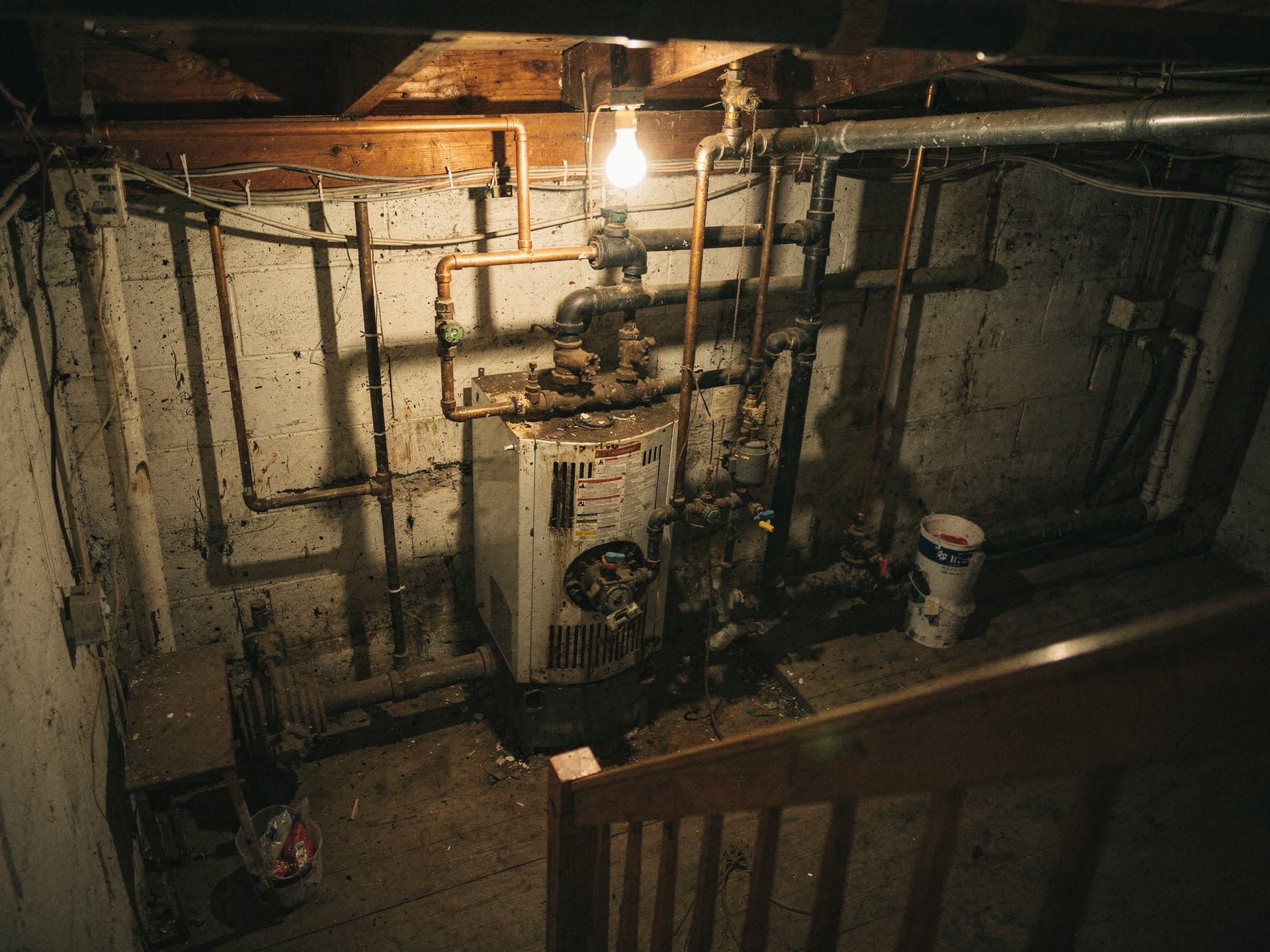 An older boiler room in a Derry house, pipes and controls of several decades.