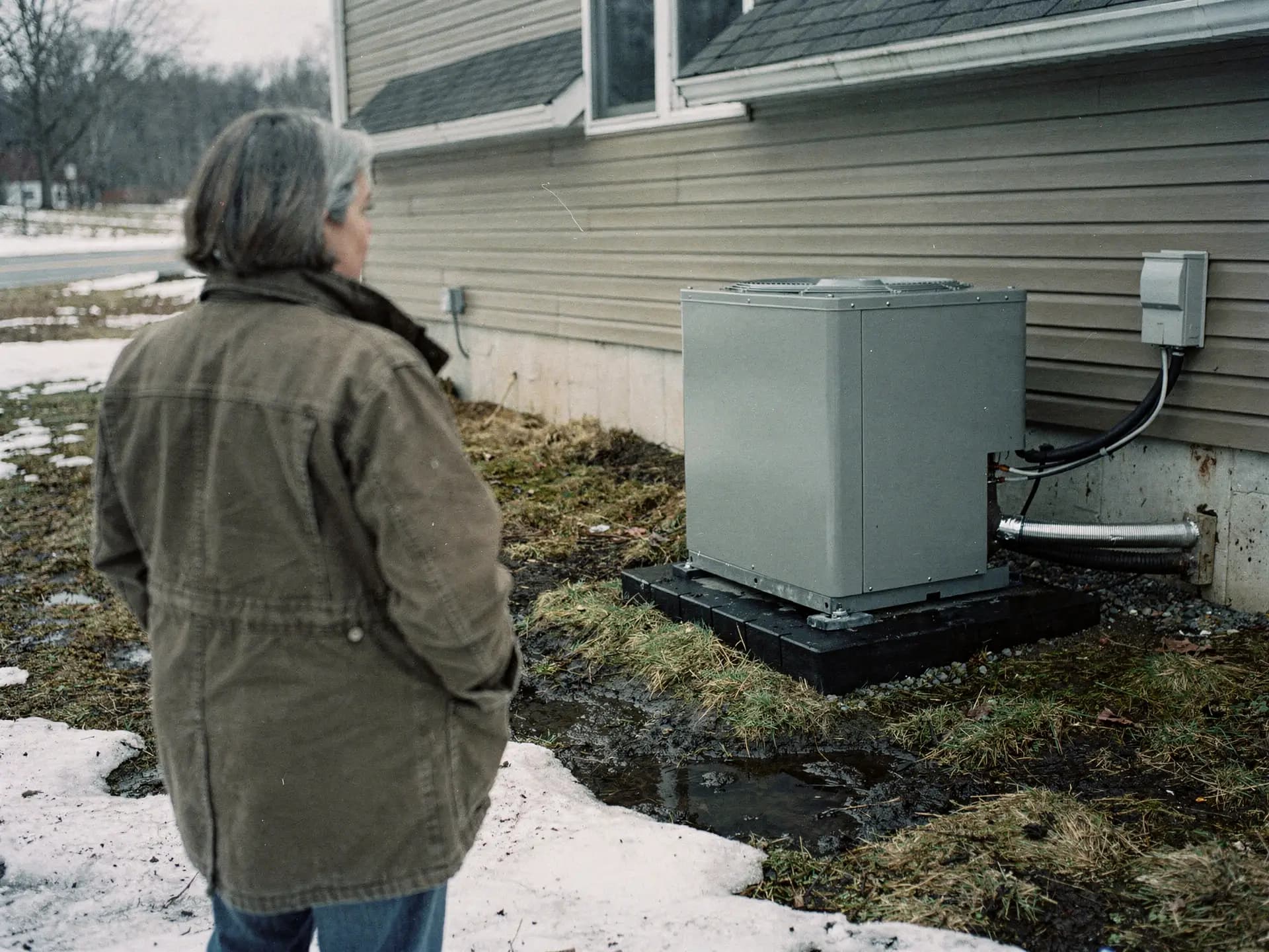 A replacement condenser set on a pad beside a Hudson ranch.