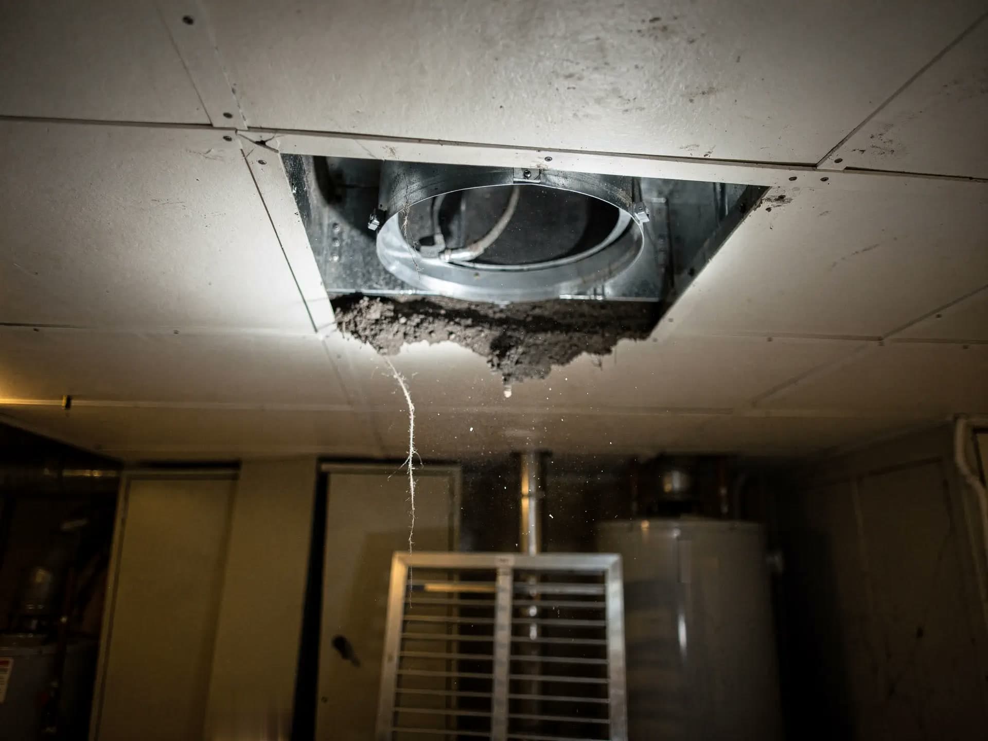 A return duct opened for inspection in the basement of a Hudson split level.