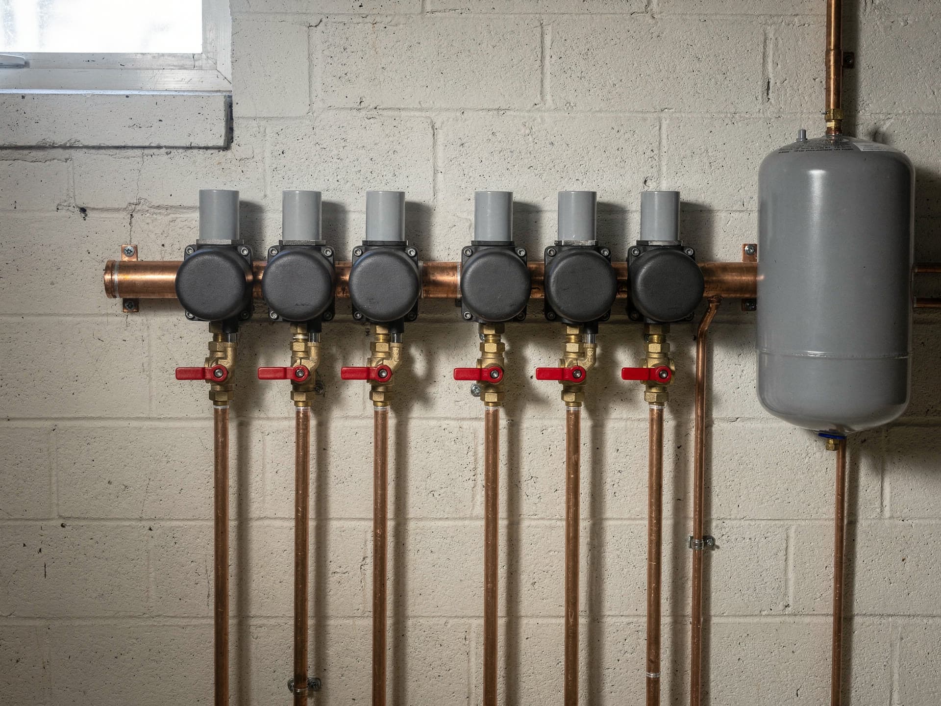 Six zone valves in a row on a copper manifold against a painted block basement wall, a red handled shut off and a copper riser dropping from each one, the expansion tank at the end of the run.