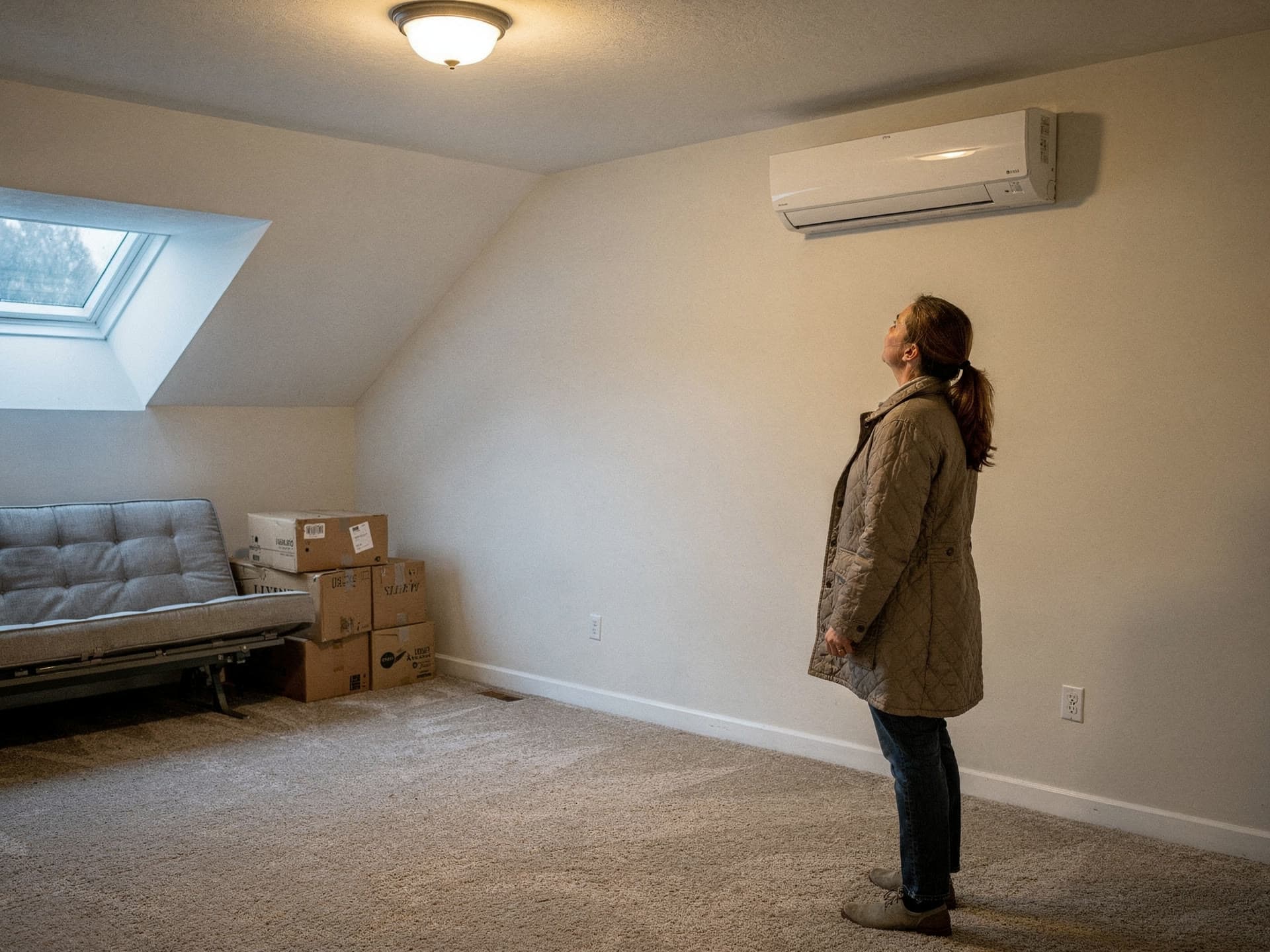 A mini split head on the wall of a bonus room over a garage.