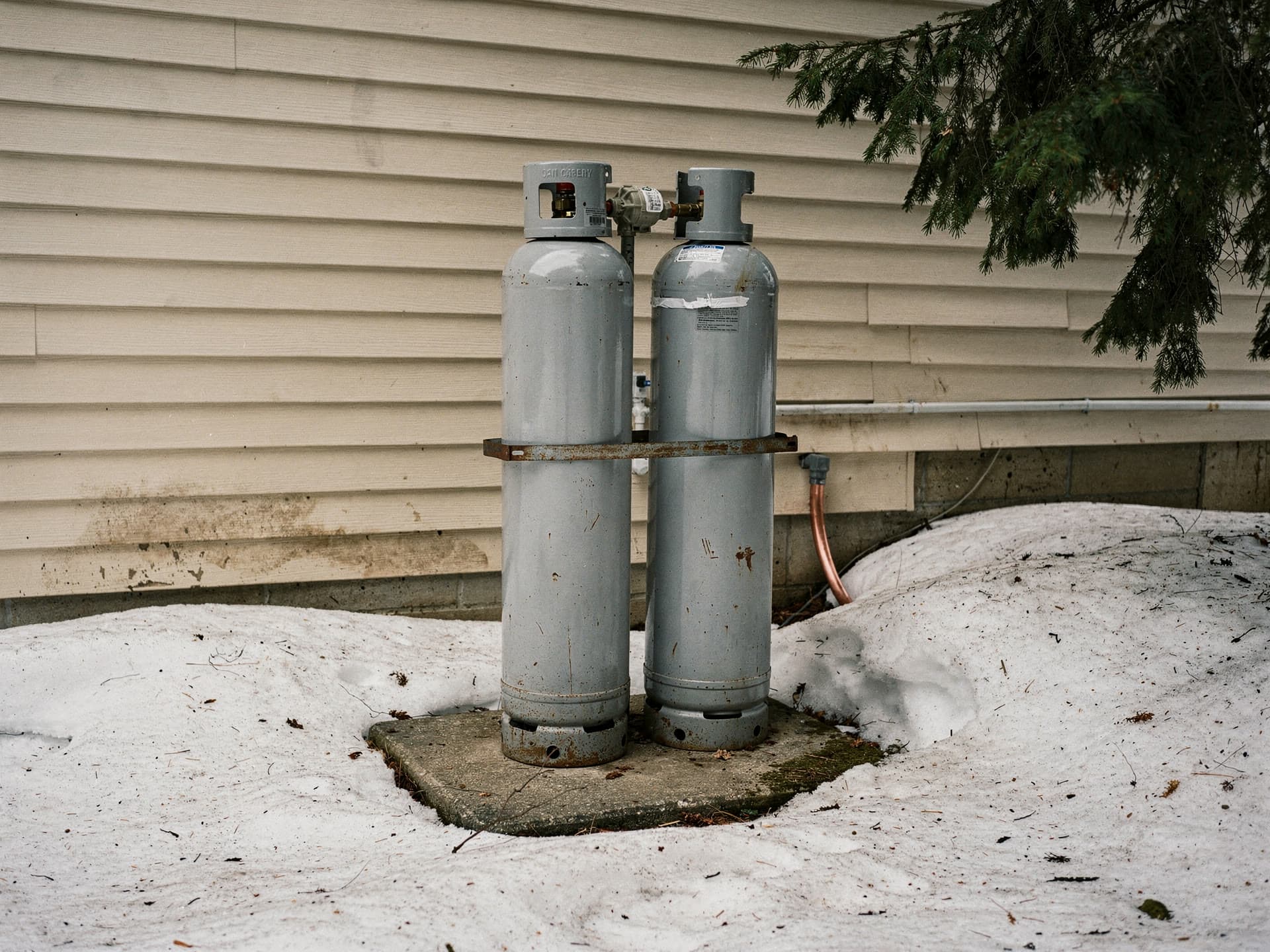 A propane tank set beside the side yard of a large lot Londonderry colonial.