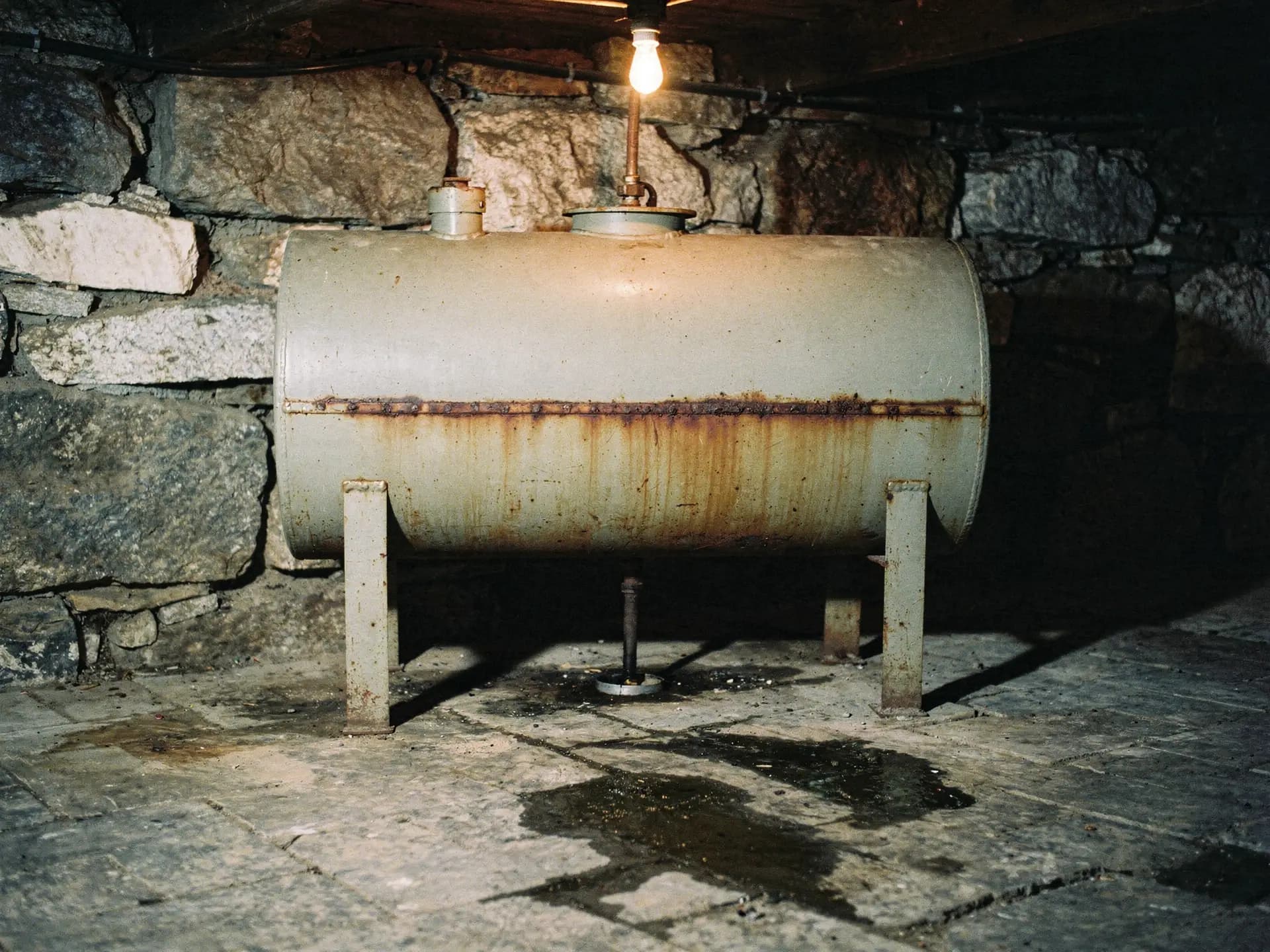 An oil tank standing in the basement of a Pelham house, feed line and gauge visible.