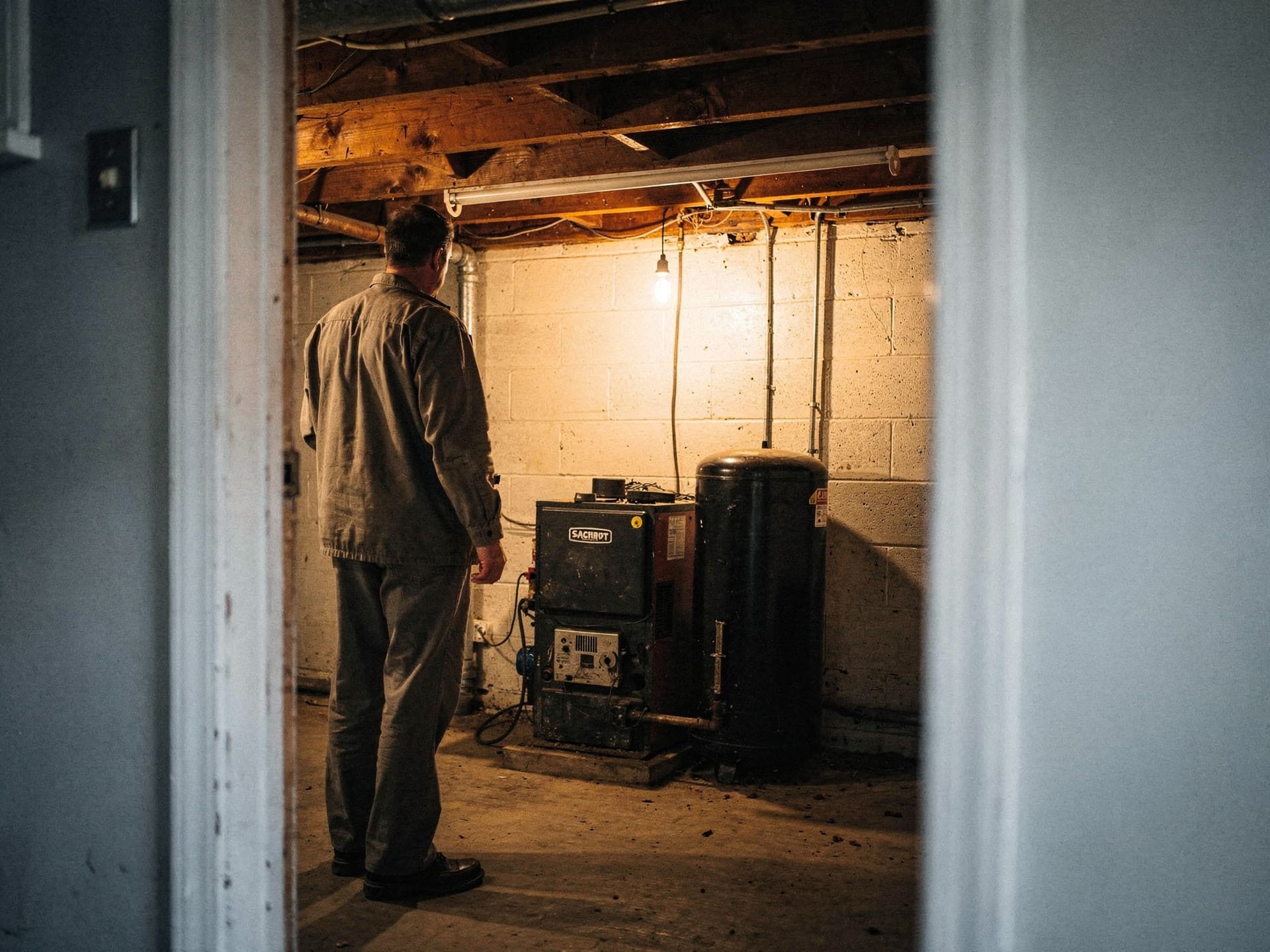 A cast iron oil boiler in the stone walled basement of an older Salem cape.