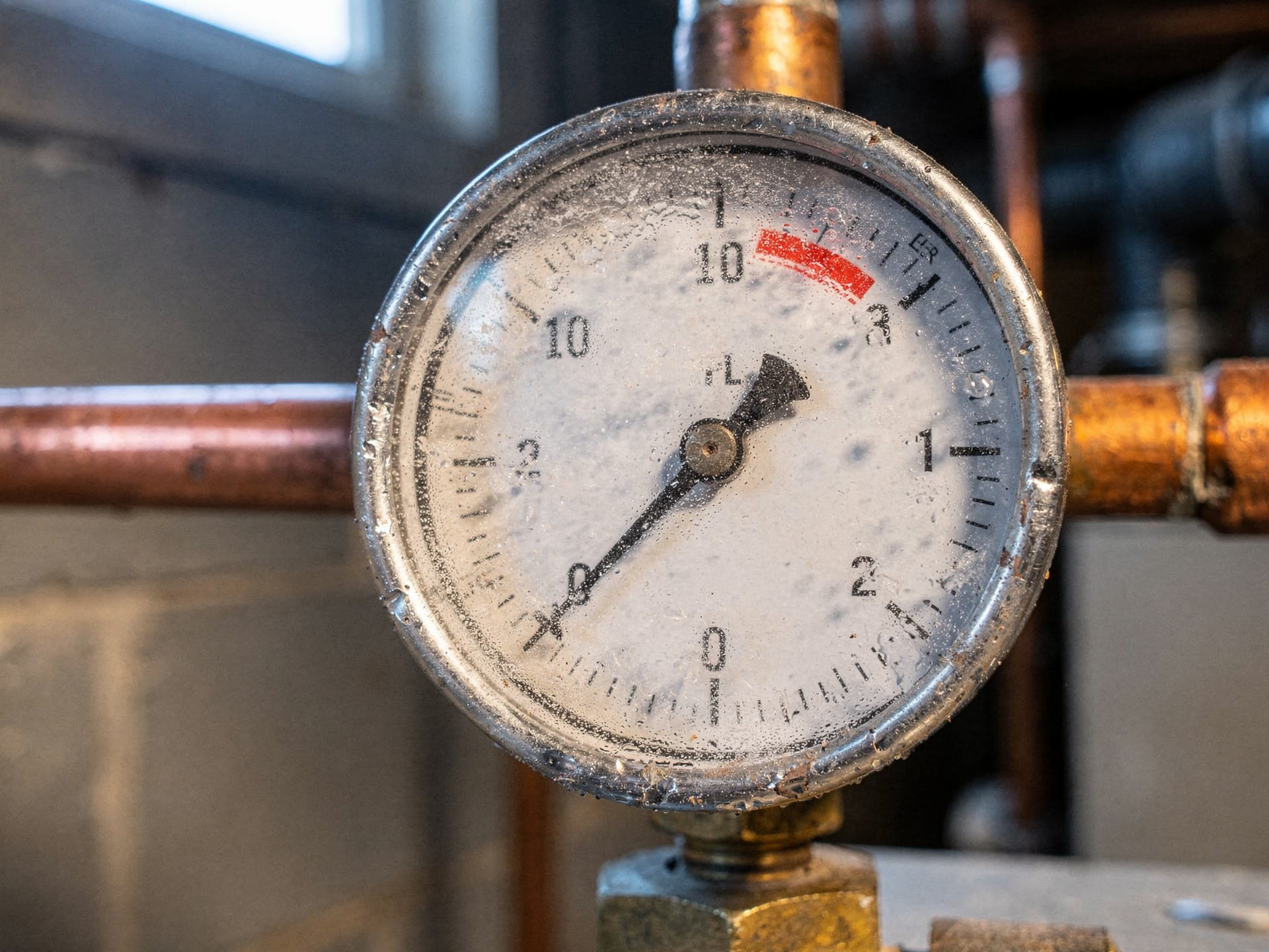 A weathered pressure gauge on a brass fitting at a basement heating system, its glass fogged and speckled, the needle sitting low on the dial and copper pipe running behind it.