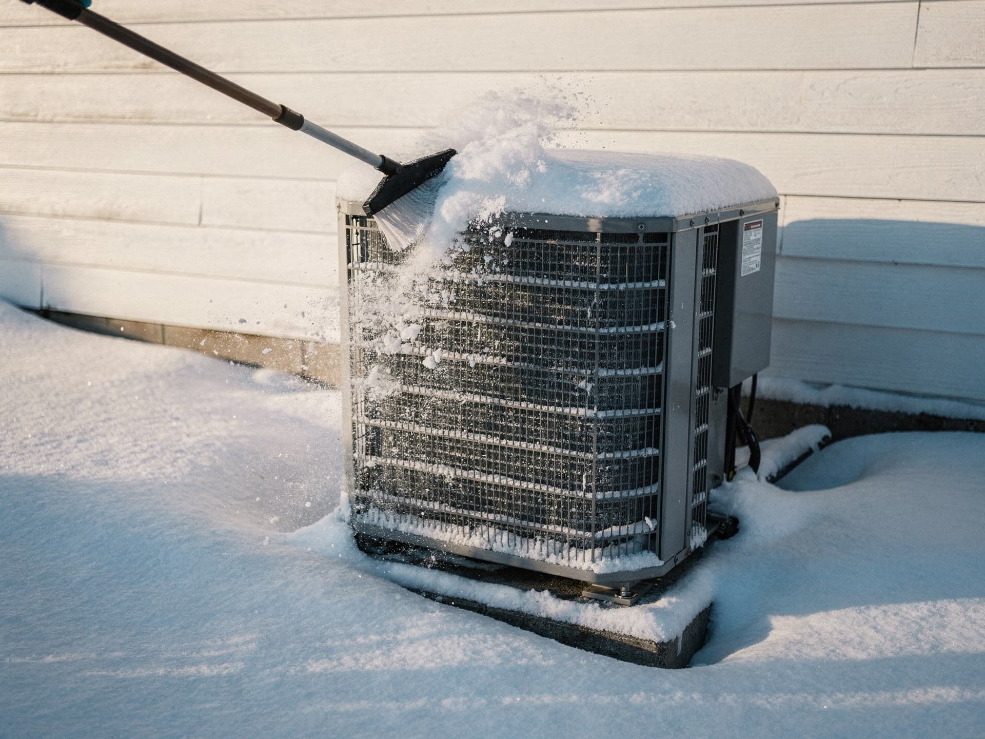 Snow being swept off the top of an outdoor condenser with a long handled brush, powder flying, the unit still half buried on its pad against white clapboard.