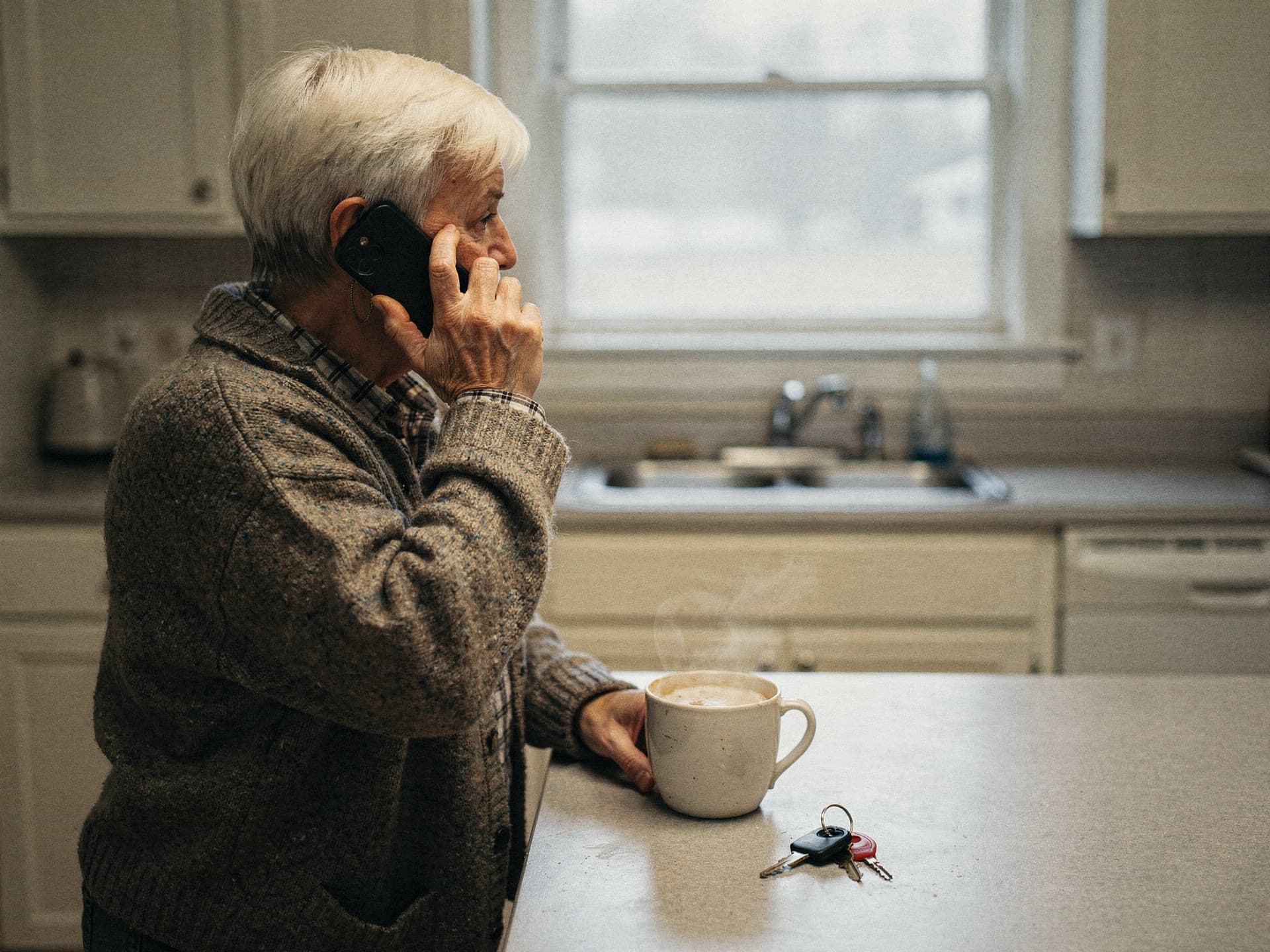 A homeowner on the phone at her kitchen counter, arranging a visit