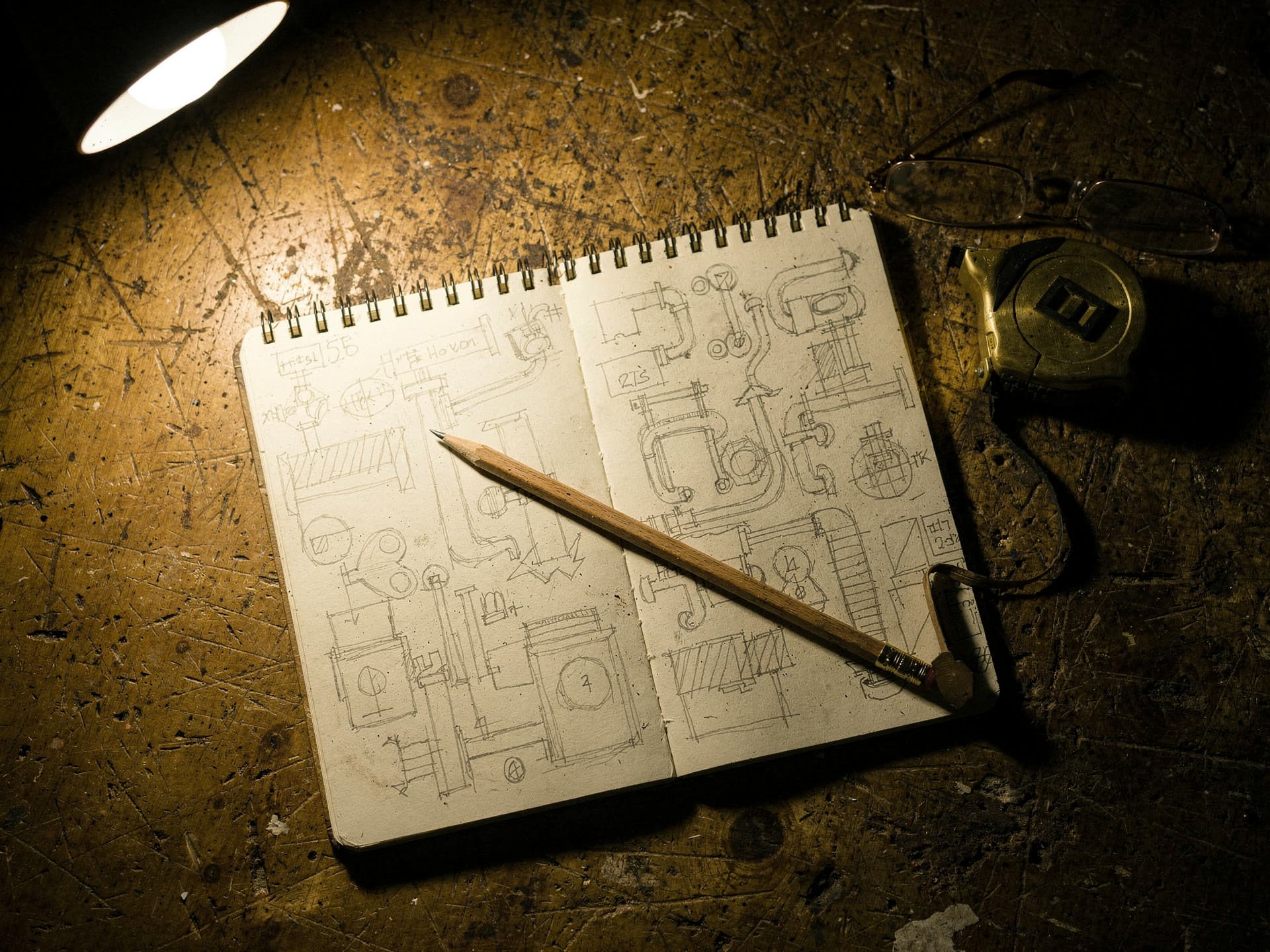 A spiral notebook of hand drawn pipe and valve layouts open on a workbench under a hanging lamp