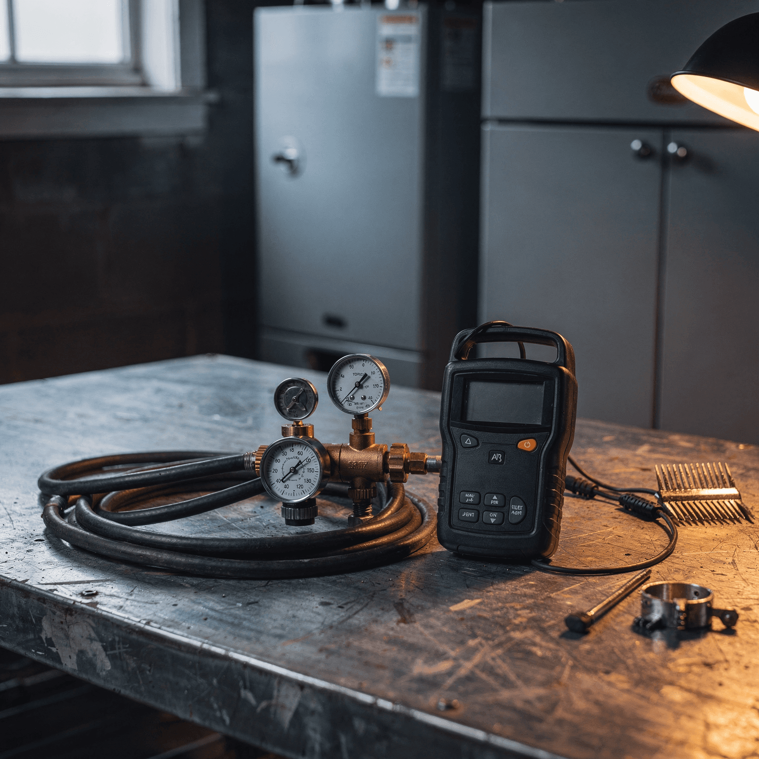 A gas pressure test manifold, a combustion analyser and a fin comb laid out on a steel workbench in a New Hampshire basement