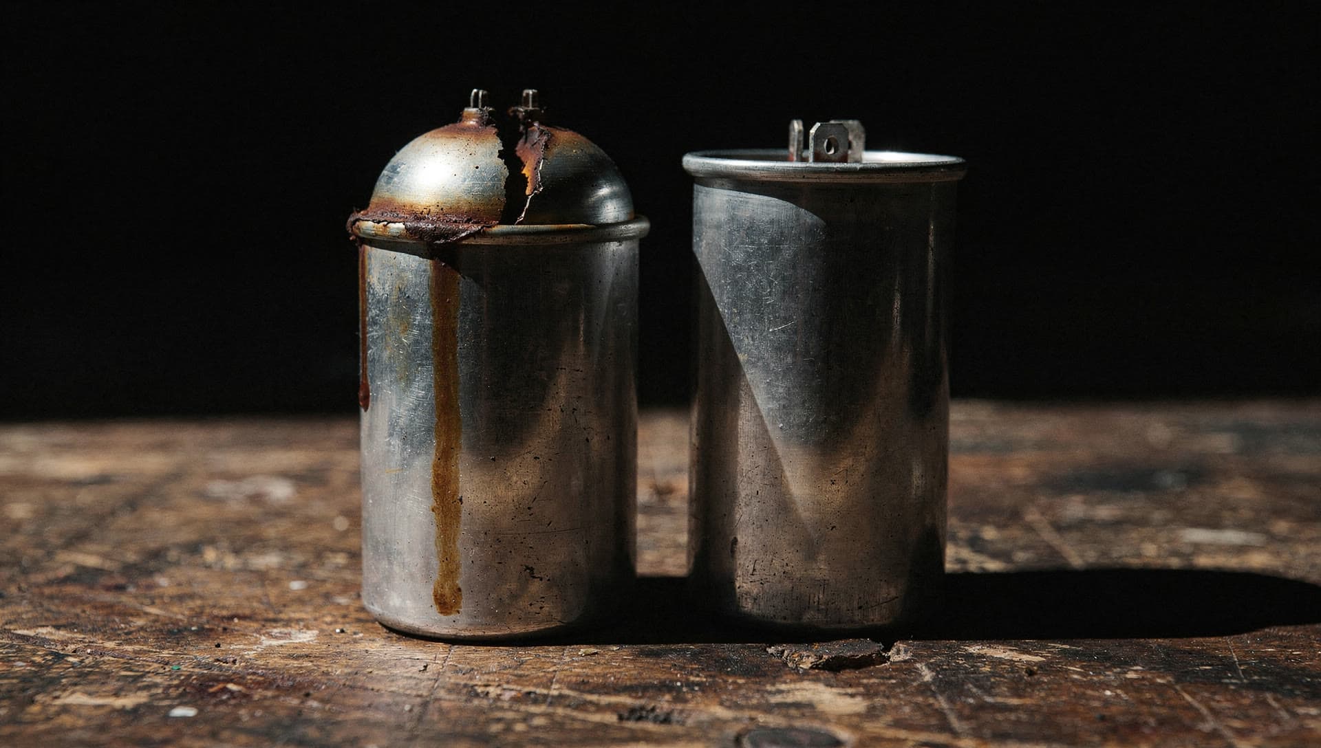 A run capacitor split open and leaking beside a sound one, stood side by side on a workbench