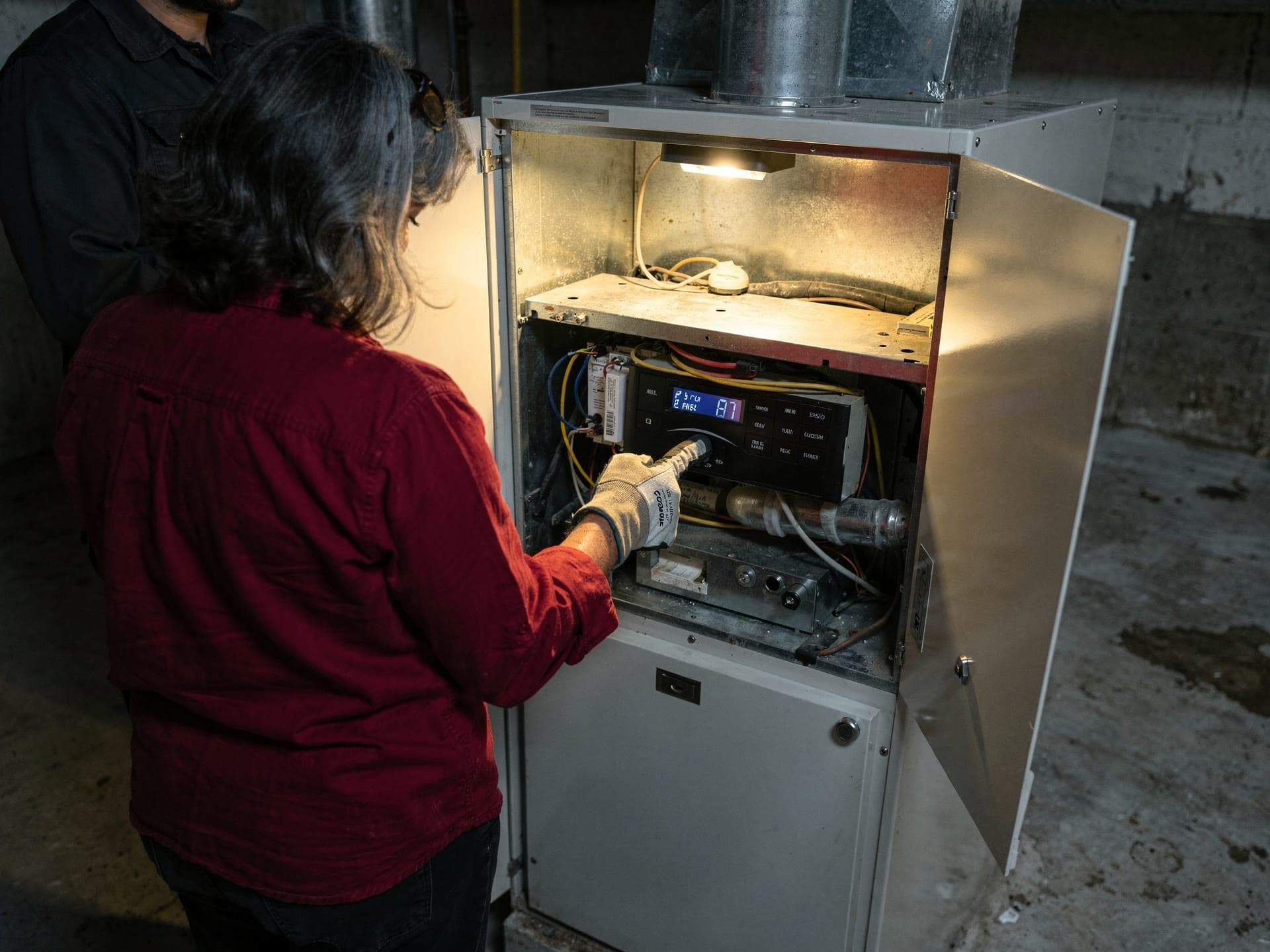 A technician in a work glove pointing out a fault on the control board inside an open furnace cabinet, the homeowner watching beside her