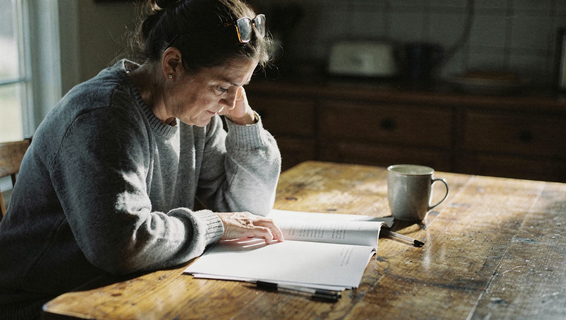 A homeowner at her kitchen table reading through a printed heating quote, a mug beside her