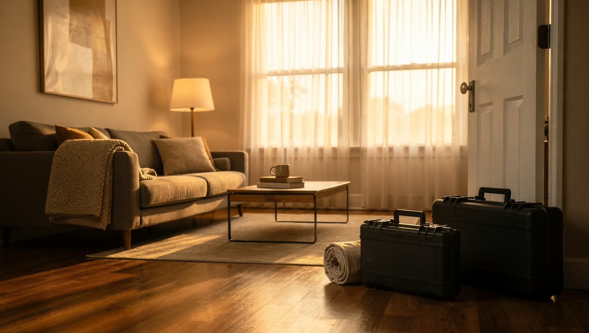A living room in low golden afternoon light, back in order after work: sofa with a folded throw, coffee table, and by the open door a rolled canvas drop cloth beside two closed black tool cases waiting to be carried out.