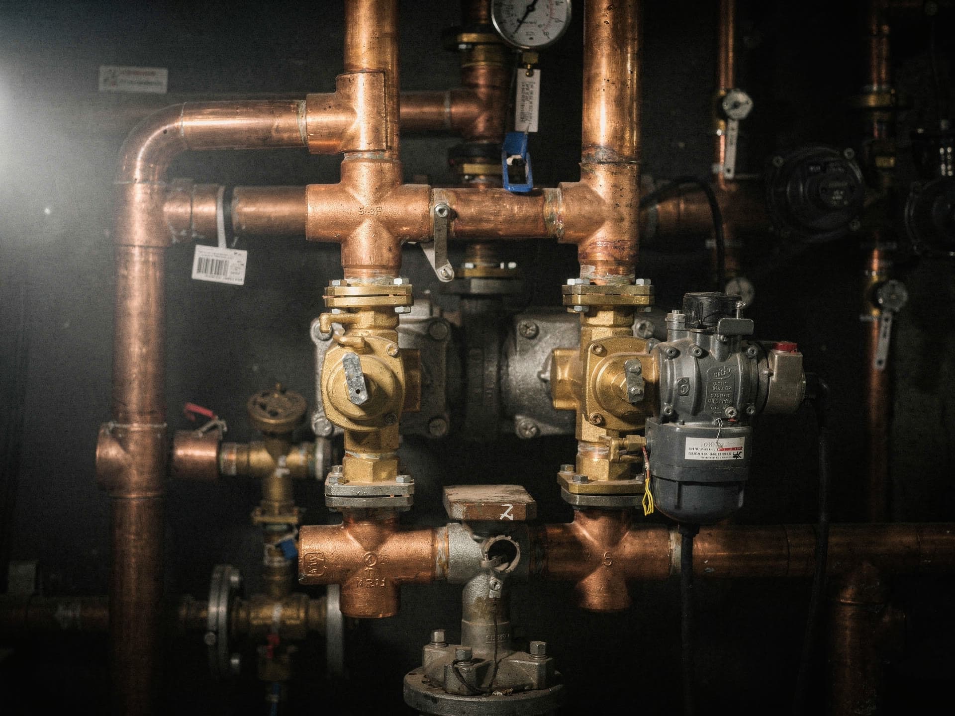 Copper near boiler piping, brass isolation valves, a pressure gauge and a circulator
