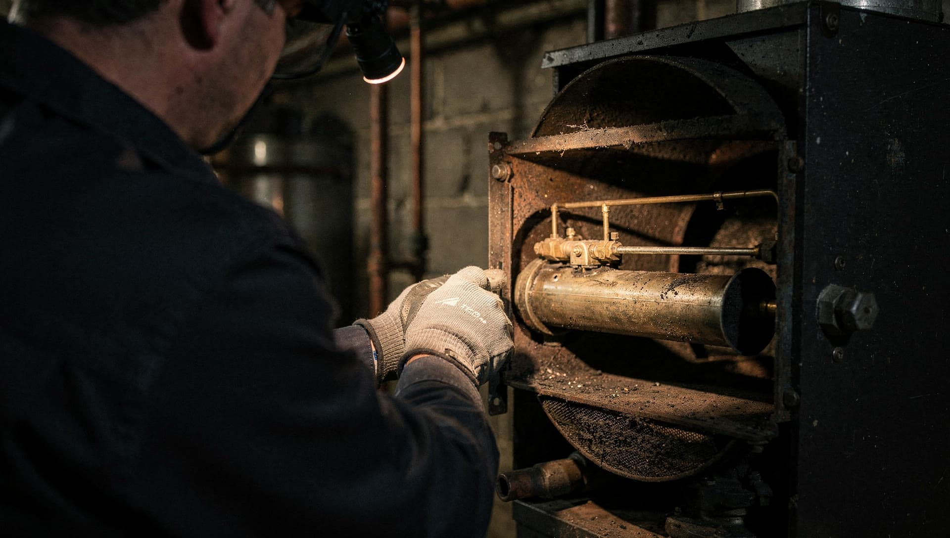 A gloved technician drawing the burner assembly out of a sooted boiler chamber under a headlamp