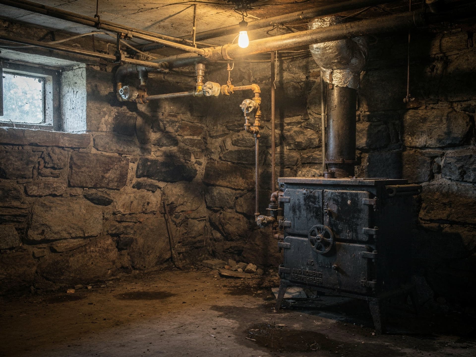 An old cast iron boiler standing against a fieldstone basement wall under a bare bulb, iron pipe running overhead