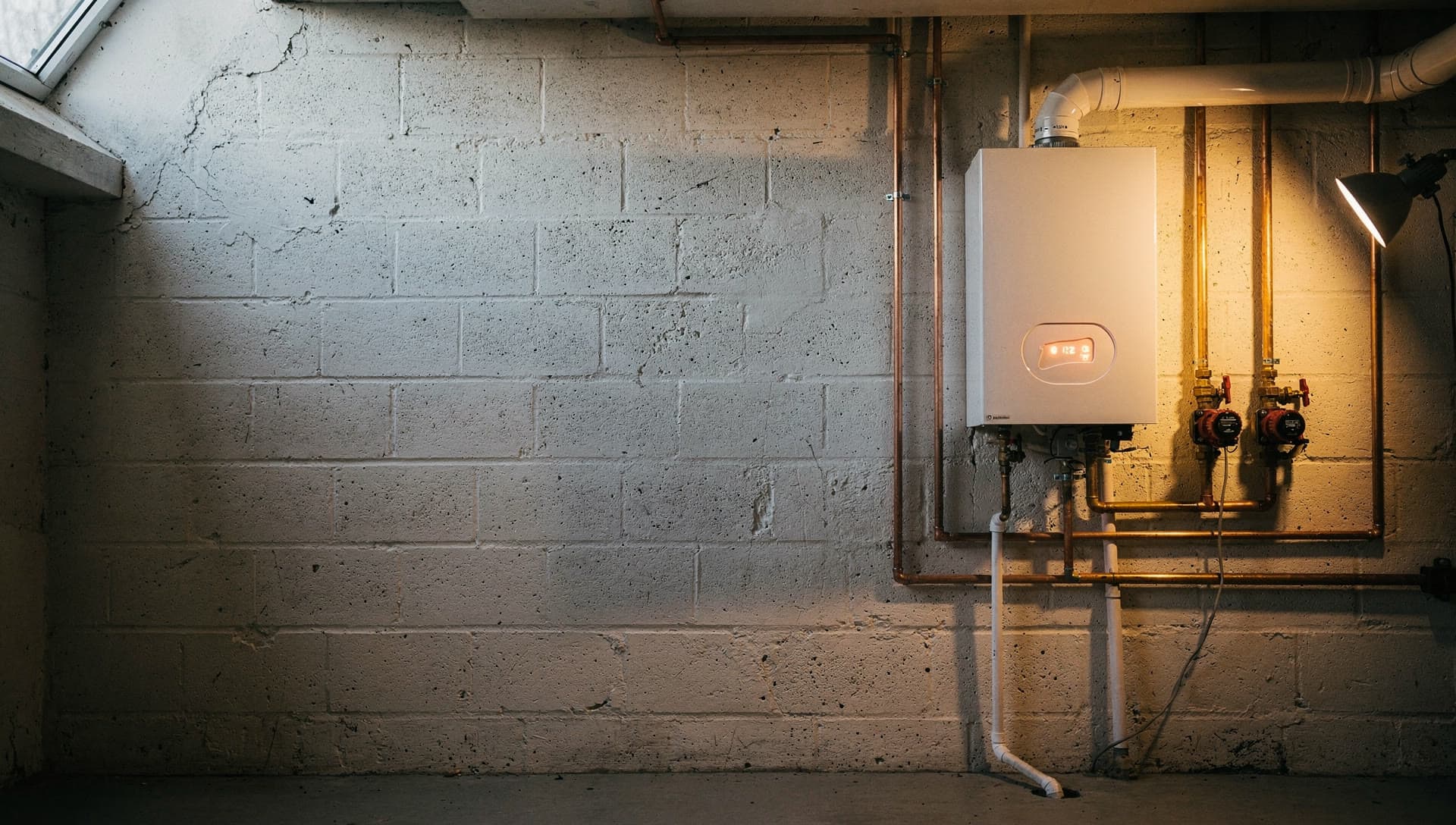 A wall hung gas condensing boiler with copper near boiler piping and two circulators on a block basement wall