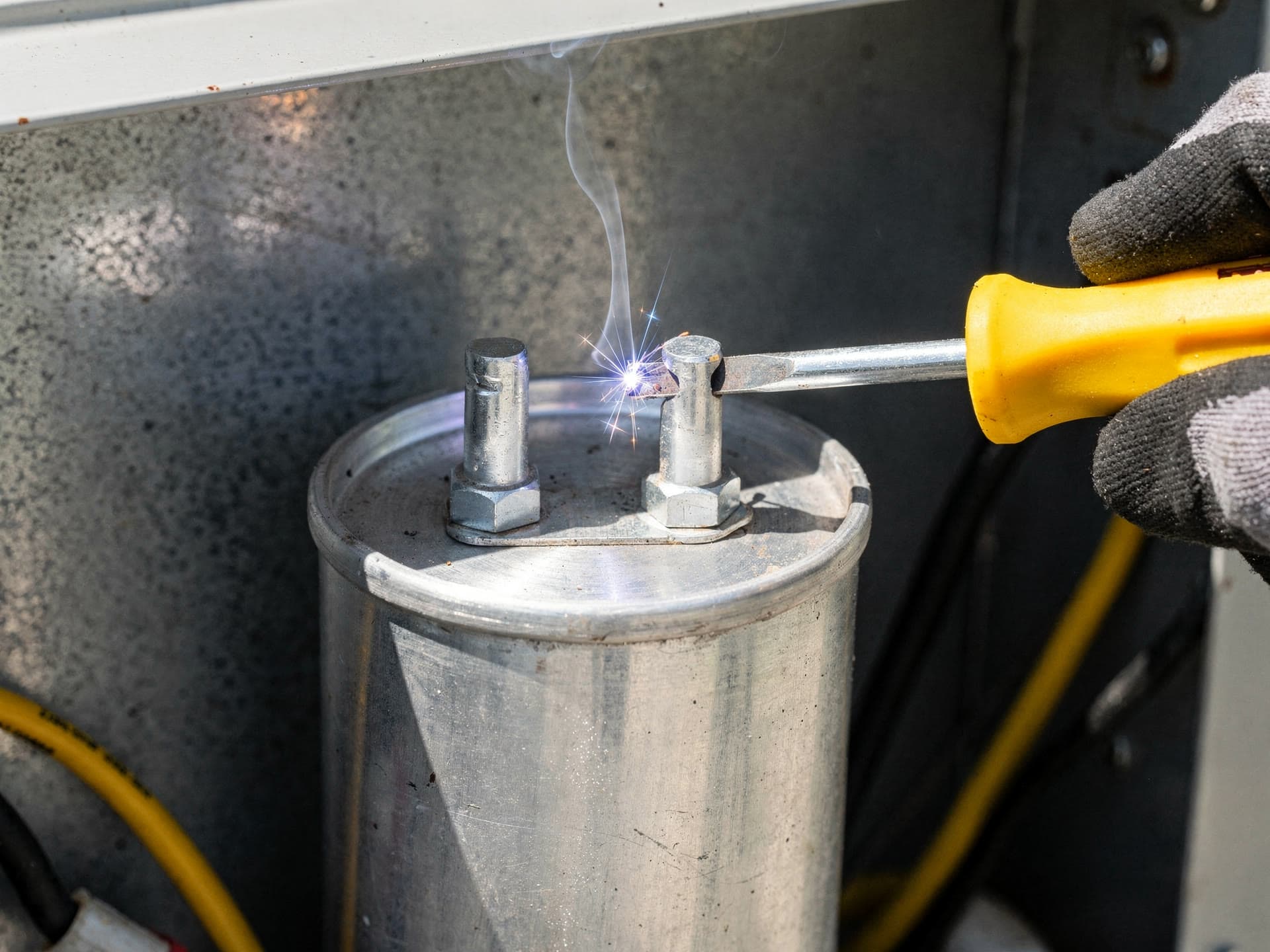 A gloved hand bridging the two terminals on top of a cylindrical run capacitor with a screwdriver blade, a bright spark and a thread of smoke coming off the contact