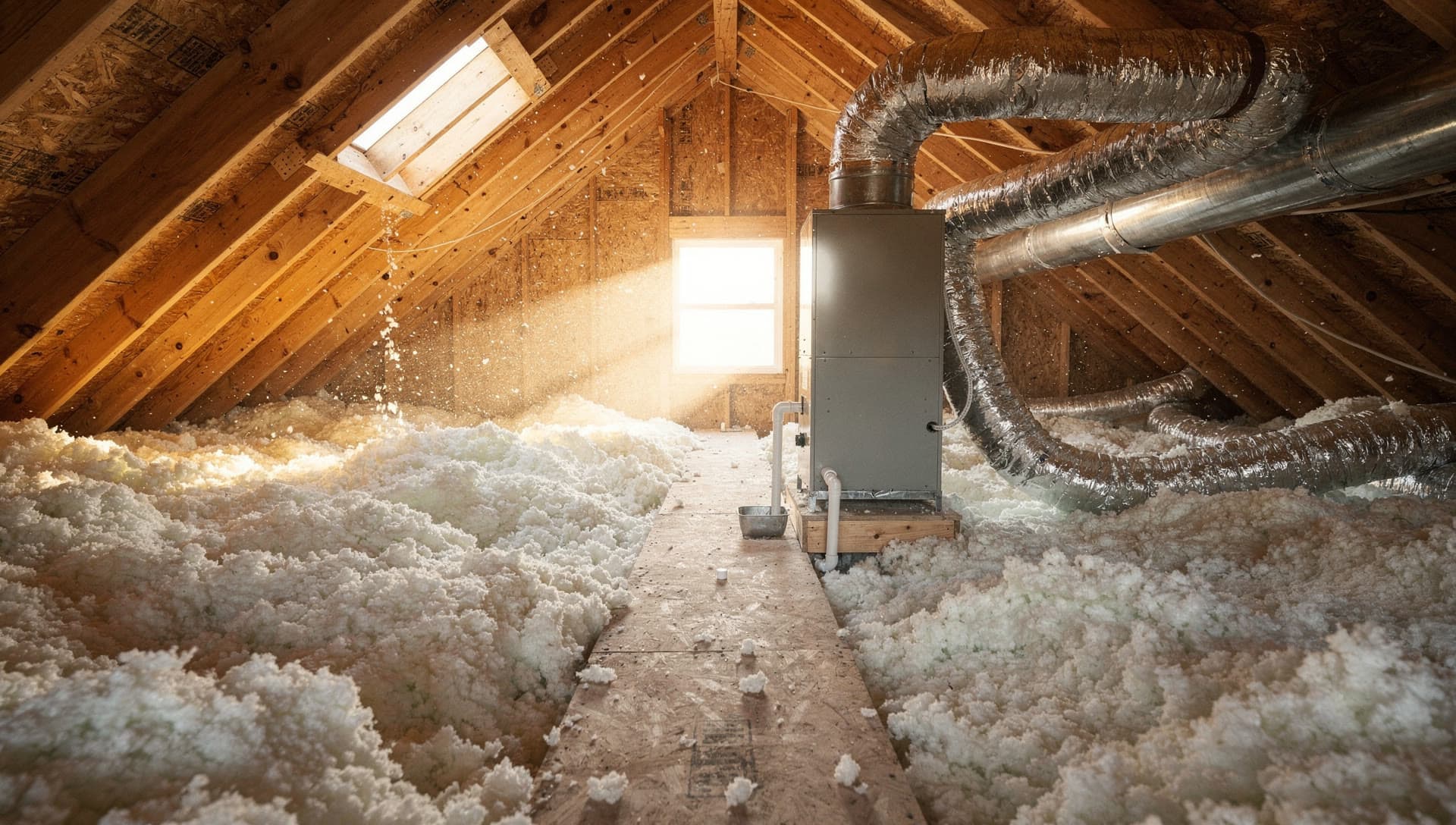 A grey air handler standing on a plywood platform in an attic, insulated flex ducts branching from its top out over deep blown in insulation, a board catwalk running back to a sunlit gable window