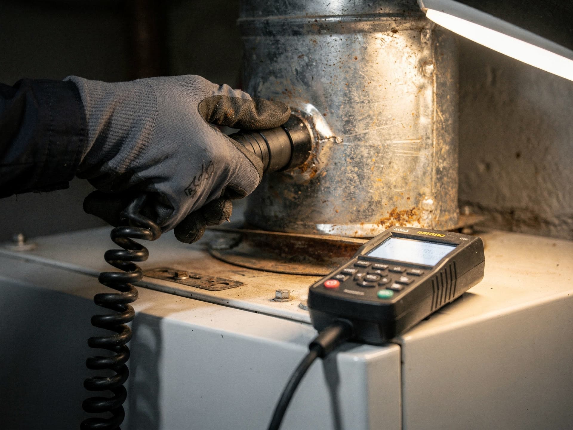 A gloved hand holding a combustion analyser probe in the flue while the meter reads on top of the cabinet