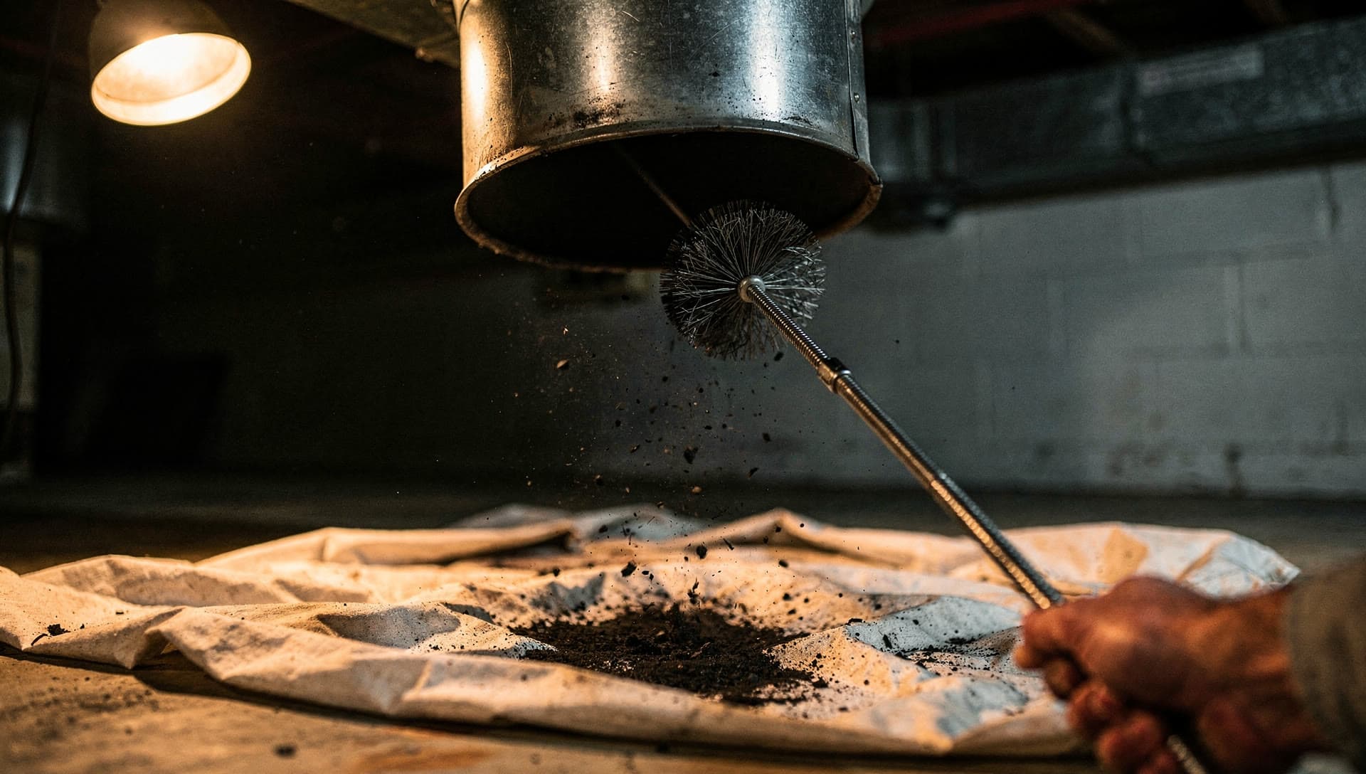 A wire flue brush run up an open flue, soot dropping onto a drop cloth laid across the basement floor