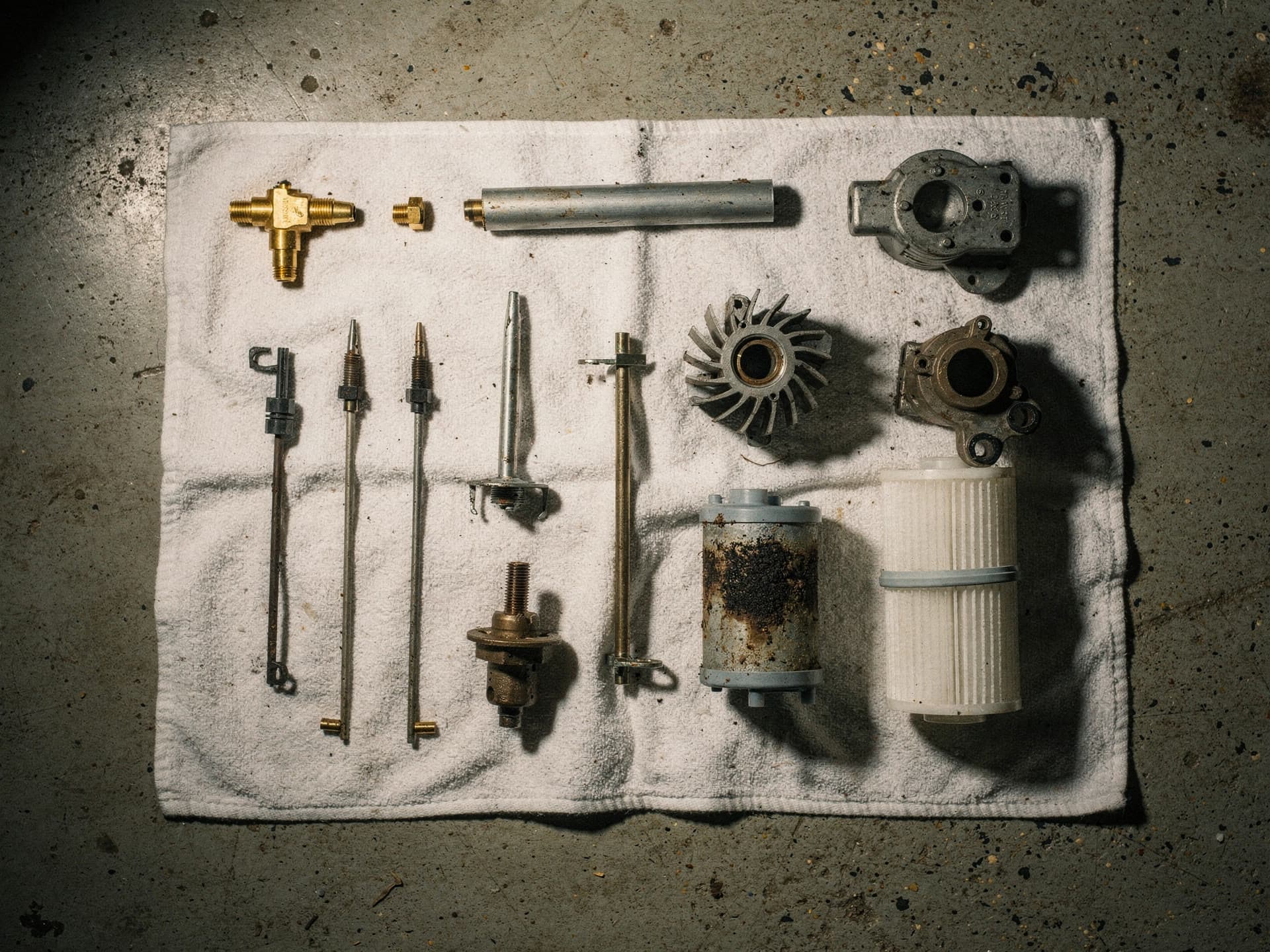 An oil burner stripped to its parts and laid out in order on a white towel, the sooted pump beside a clean filter cartridge