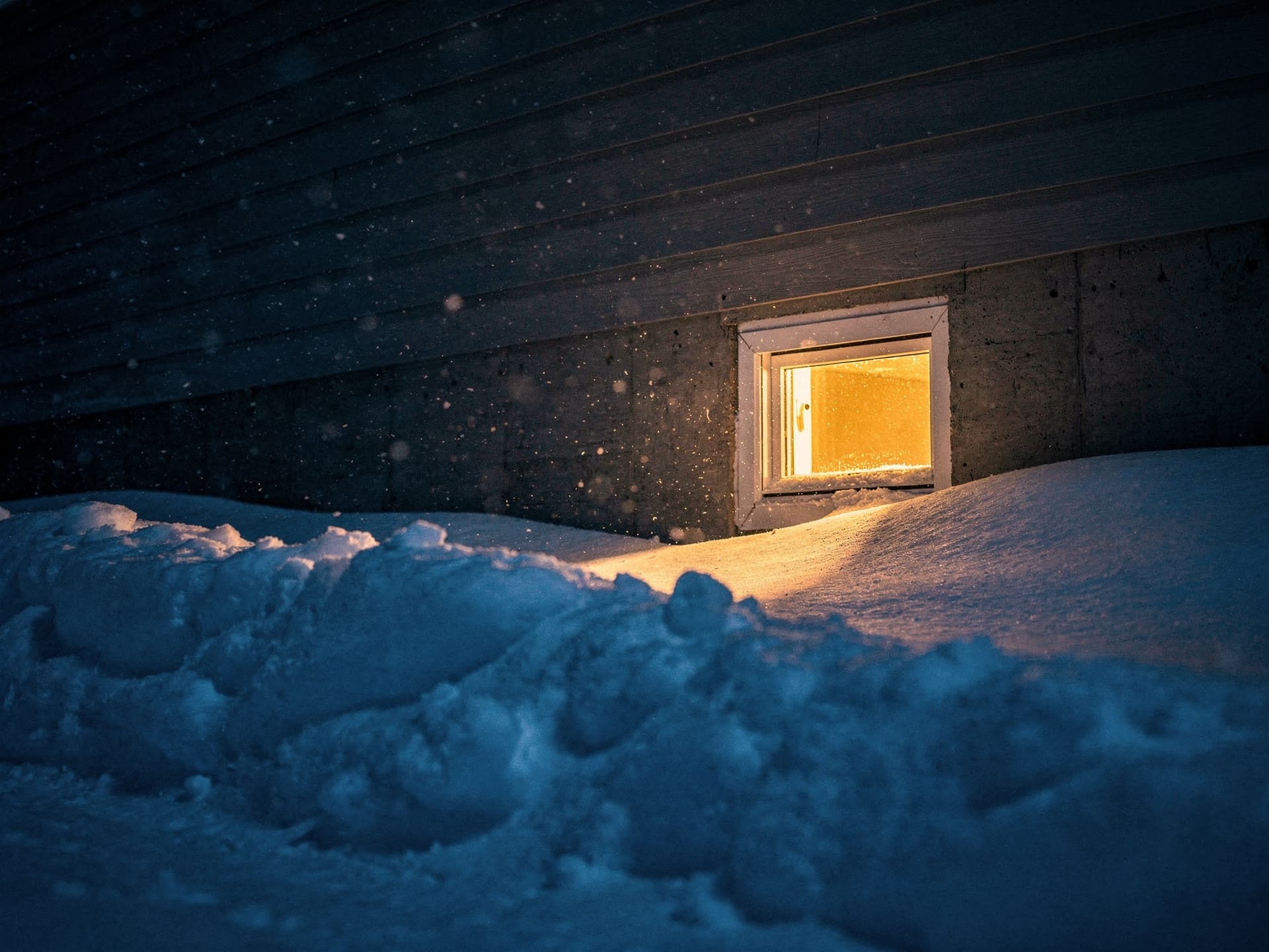 A single basement window lit warm from inside, seen from outside at night through falling snow, its light spilling out across a deep snowbank piled against the foundation wall