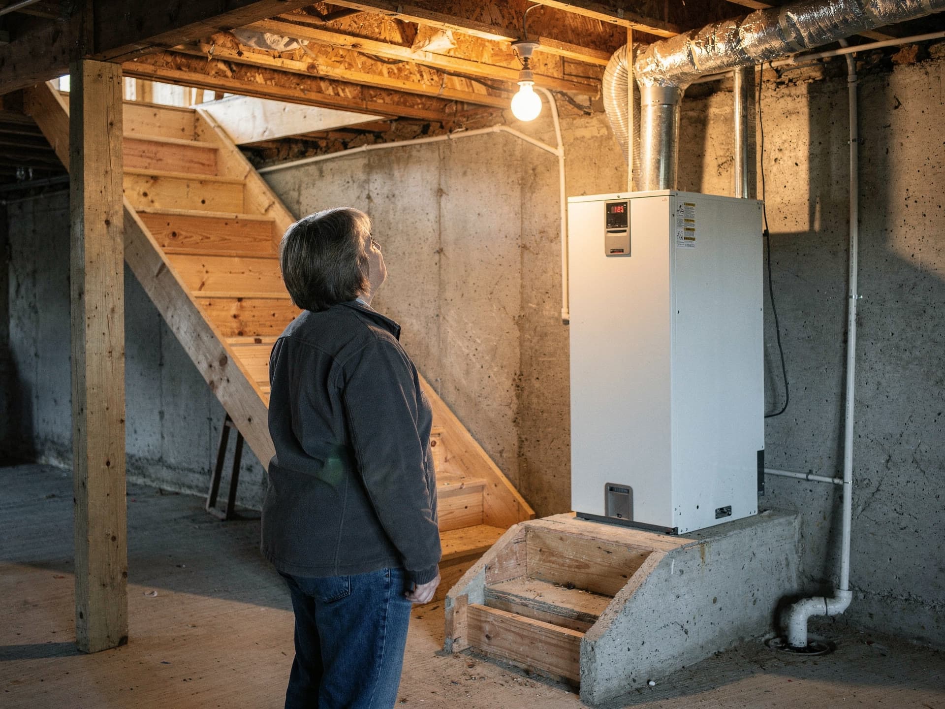 A homeowner looking up at a tall white air handler standing on its pad in an unfinished basement