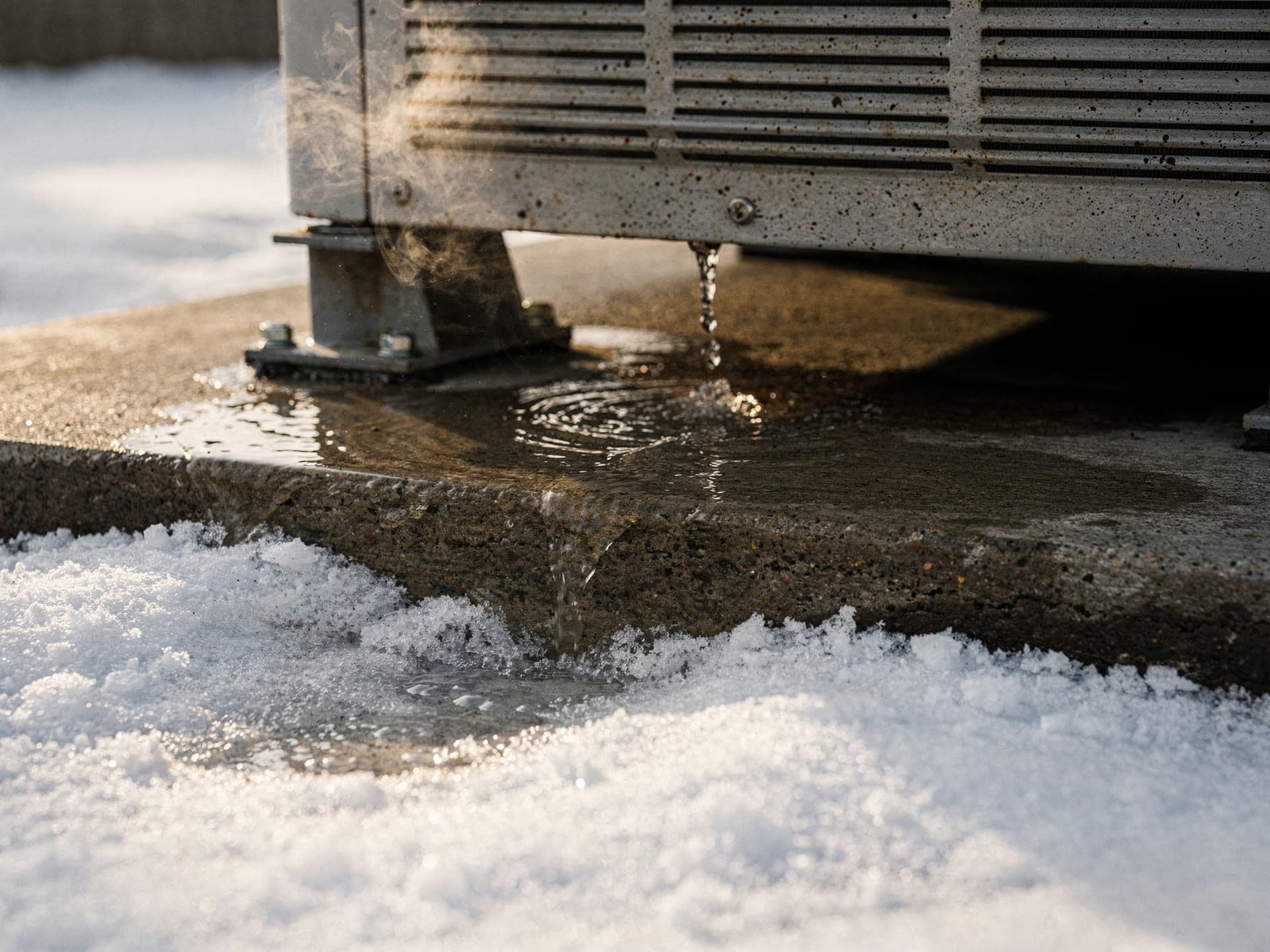Meltwater running off an outdoor unit during a defrost cycle and cutting a channel through the snow at the edge of its pad