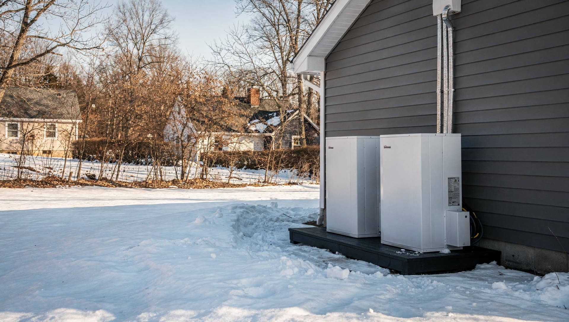 Two cold climate heat pump condensers on a raised pad in a snowy side yard beside a clapboard home