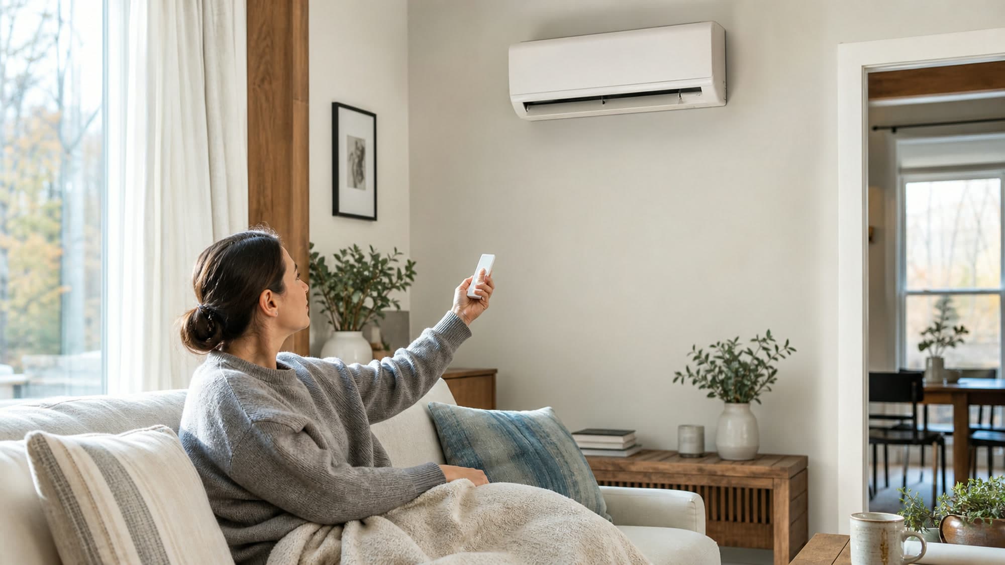 A woman relaxed on a living room sofa under a soft blanket, pointing a small white remote up at a white wall mounted ductless mini split head, warm autumn light through tall windows behind her