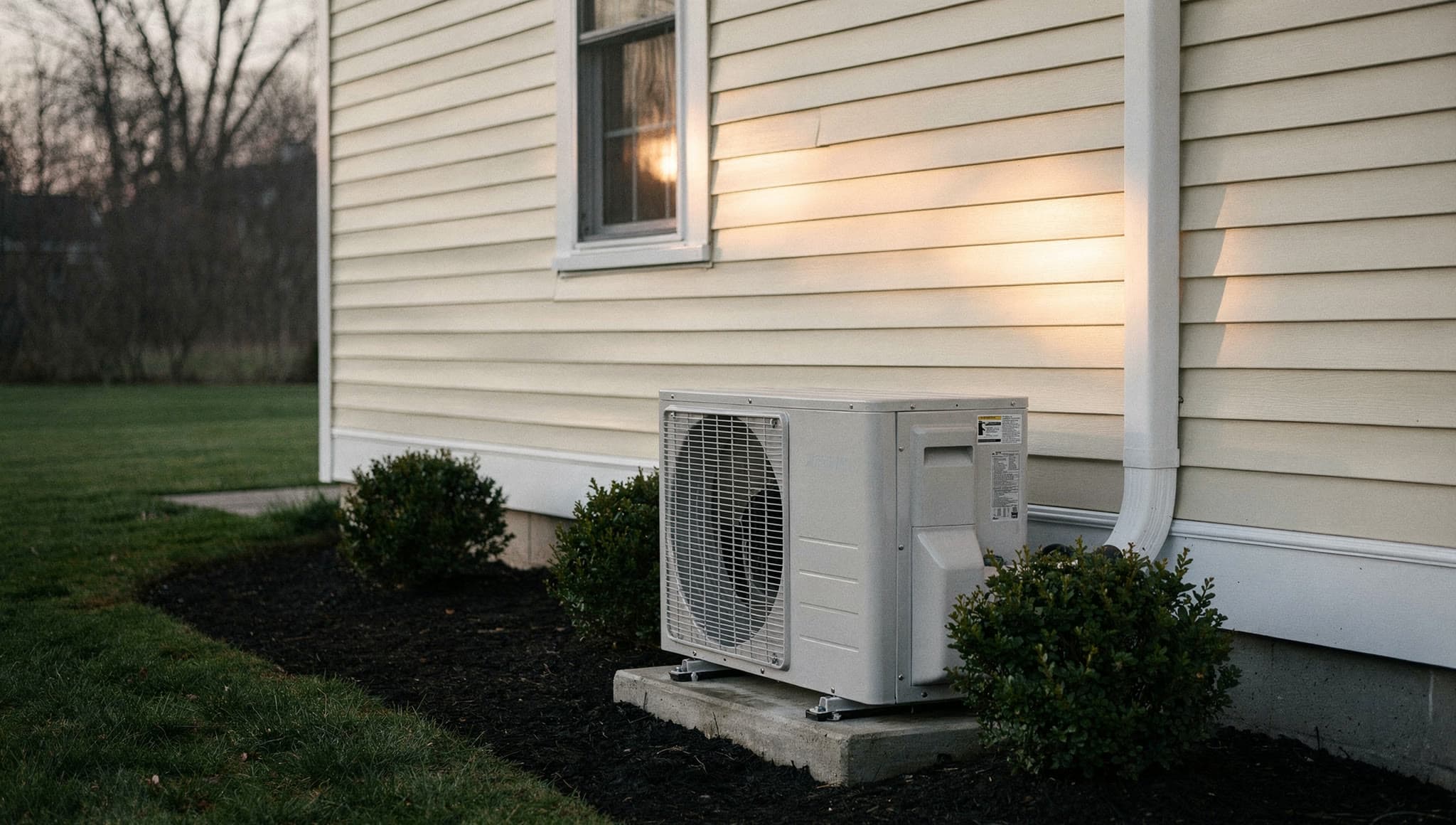 A ductless mini split outdoor condenser on a concrete pad against the cream clapboard siding of a house at dusk, boxwood and mulch around it and a lit window above