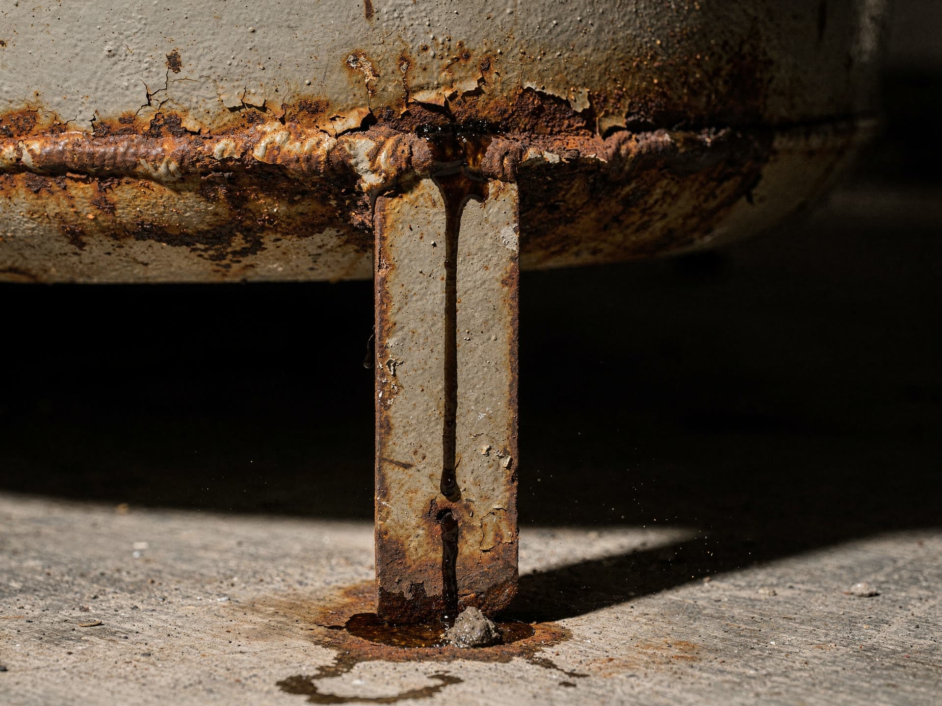 Rust blistering along the welded bottom seam of an old steel oil tank, a dark weep of oil running down one flat steel leg and pooling on the concrete floor beneath it