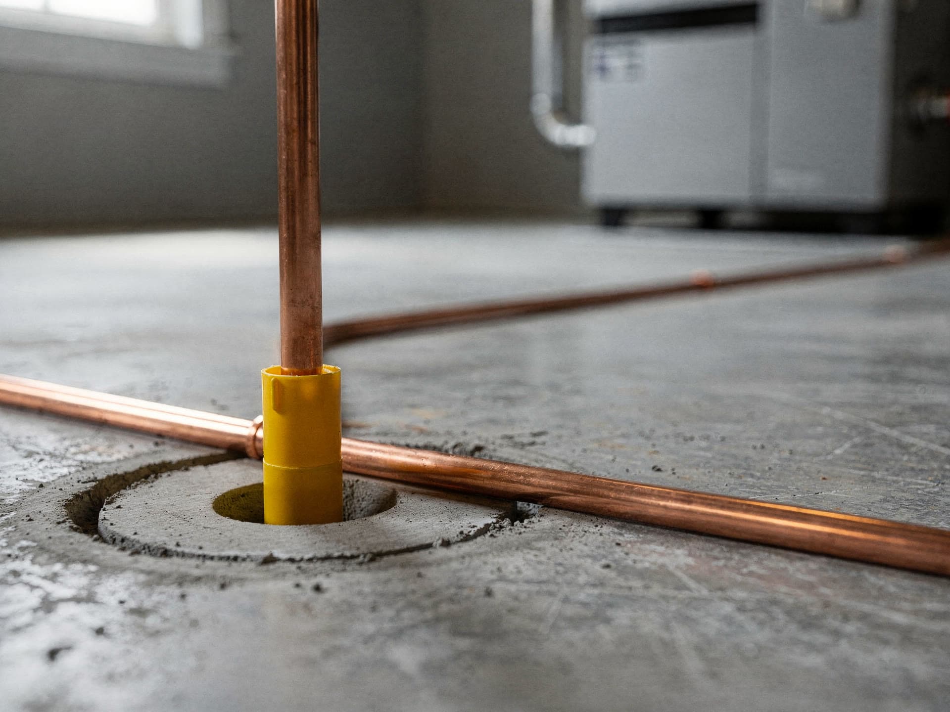 A copper oil line crossing a basement floor and turning up through a yellow protective sleeve where it passes through the slab, the patch around the cored hole still fresh