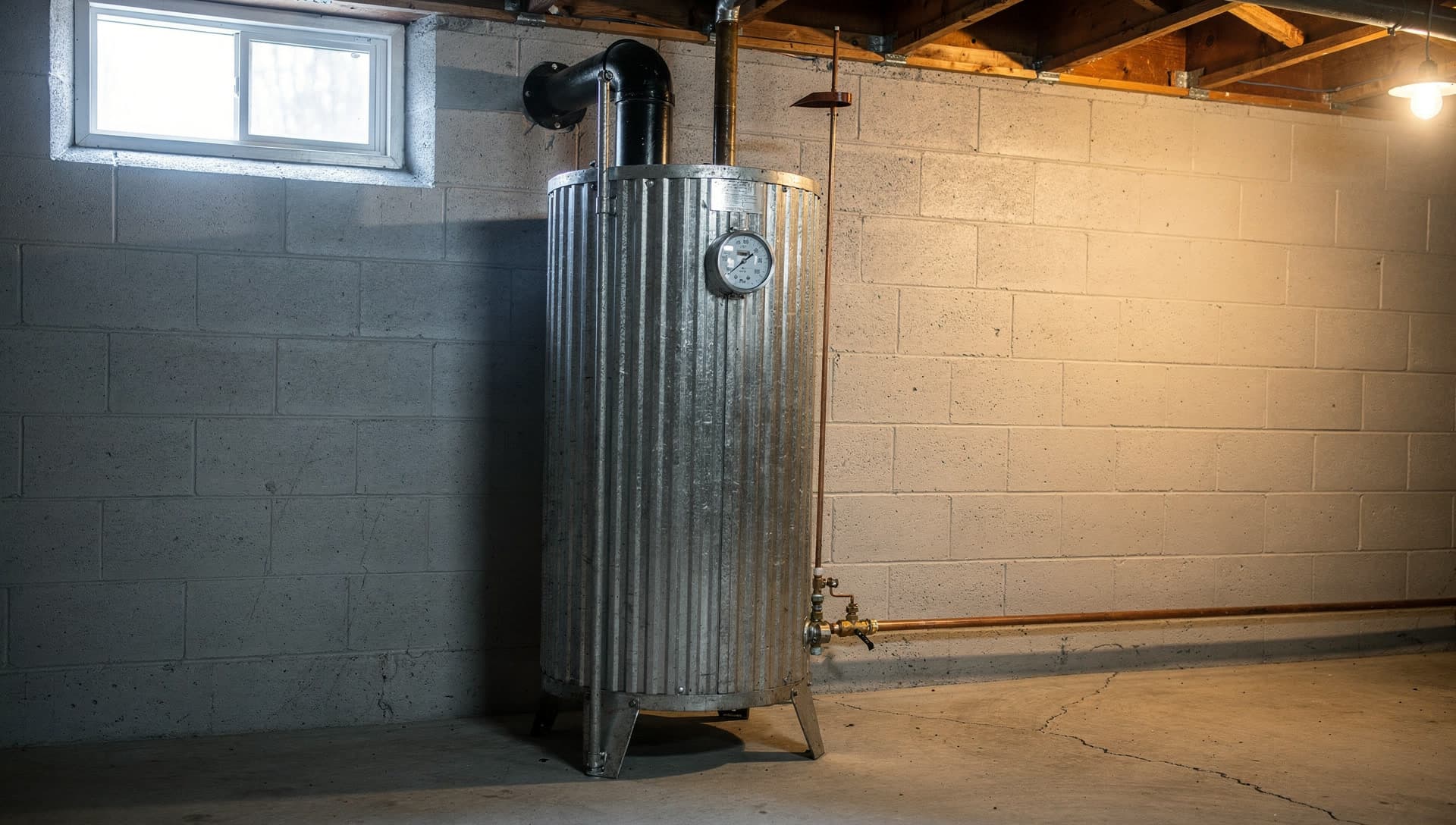 A ribbed galvanised heating oil tank standing on welded steel feet against a block basement wall, its black fill and vent pipes rising to the joists, a round float gauge on the shoulder and a copper supply line leaving the base through a brass shutoff valve