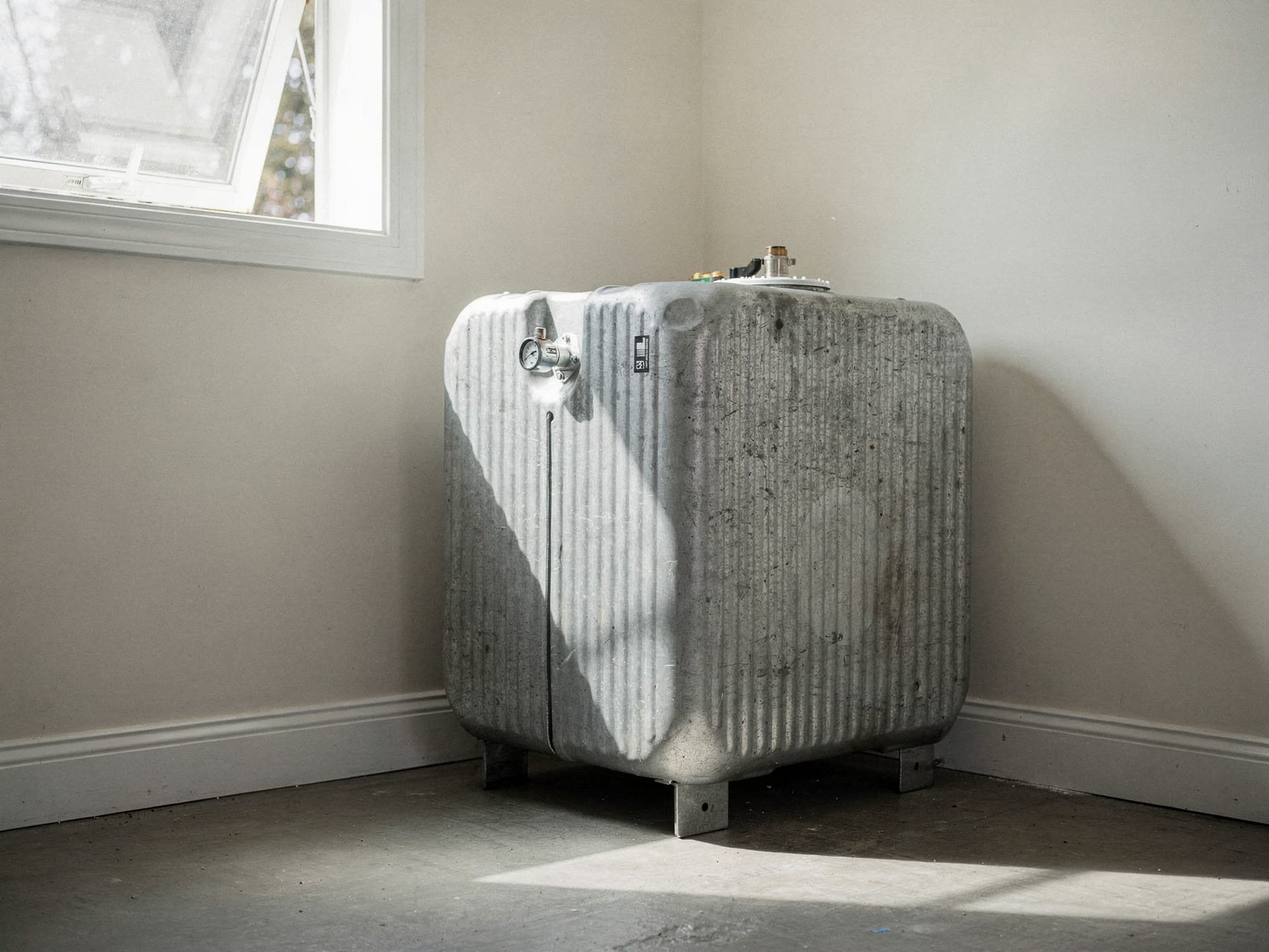A ribbed galvanised oil tank standing on steel feet in the corner of a clean dry basement, winter light from a hopper window falling across its side