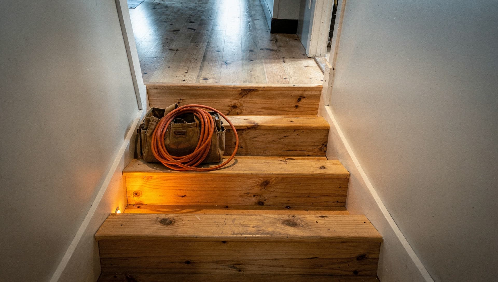 A canvas tool bag and a coiled orange hose set down on the wooden stairs inside a customer's home